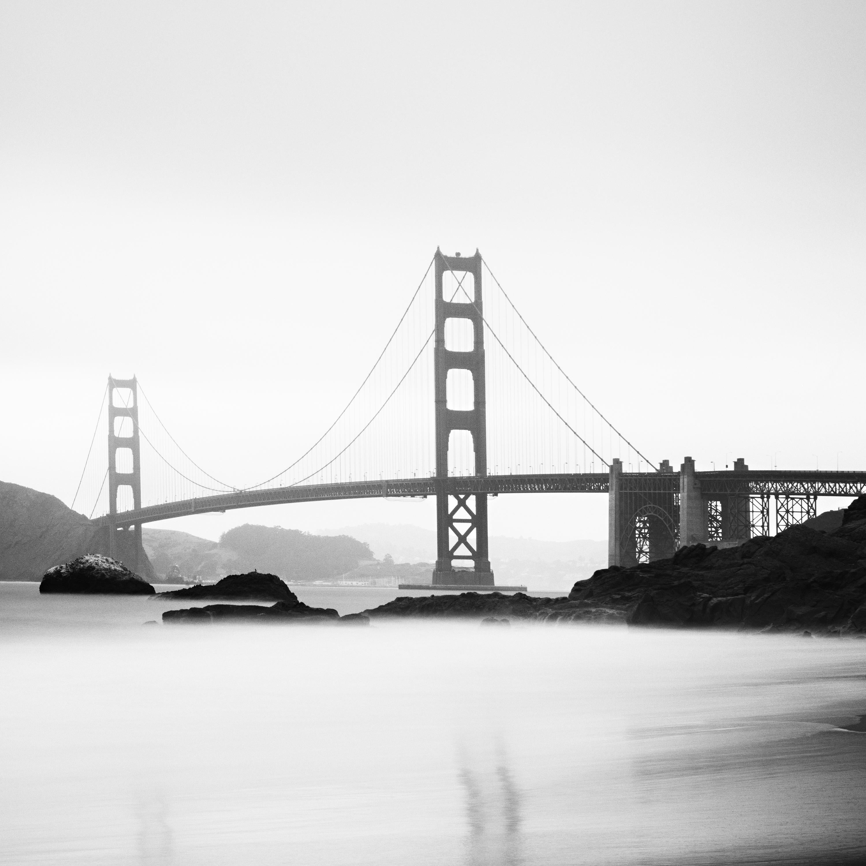 Black and white fine art cityscape - landscape photography. Marshall's Beach view of Golden Gate Bridge, San Francisco, USA. Archival pigment ink print, edition of 8. Signed, titled, dated and numbered by artist. Certificate of authenticity