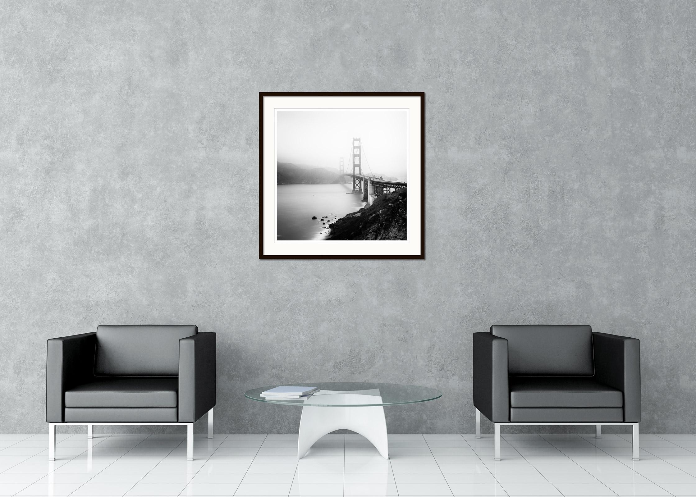 Black and white fine art cityscape - landscape photography. Golden Gate Bridge, foggy morning, Fort Point, San Francisco, USA. Archival pigment ink print, edition of 9. Signed, titled, dated and numbered by artist. Certificate of authenticity