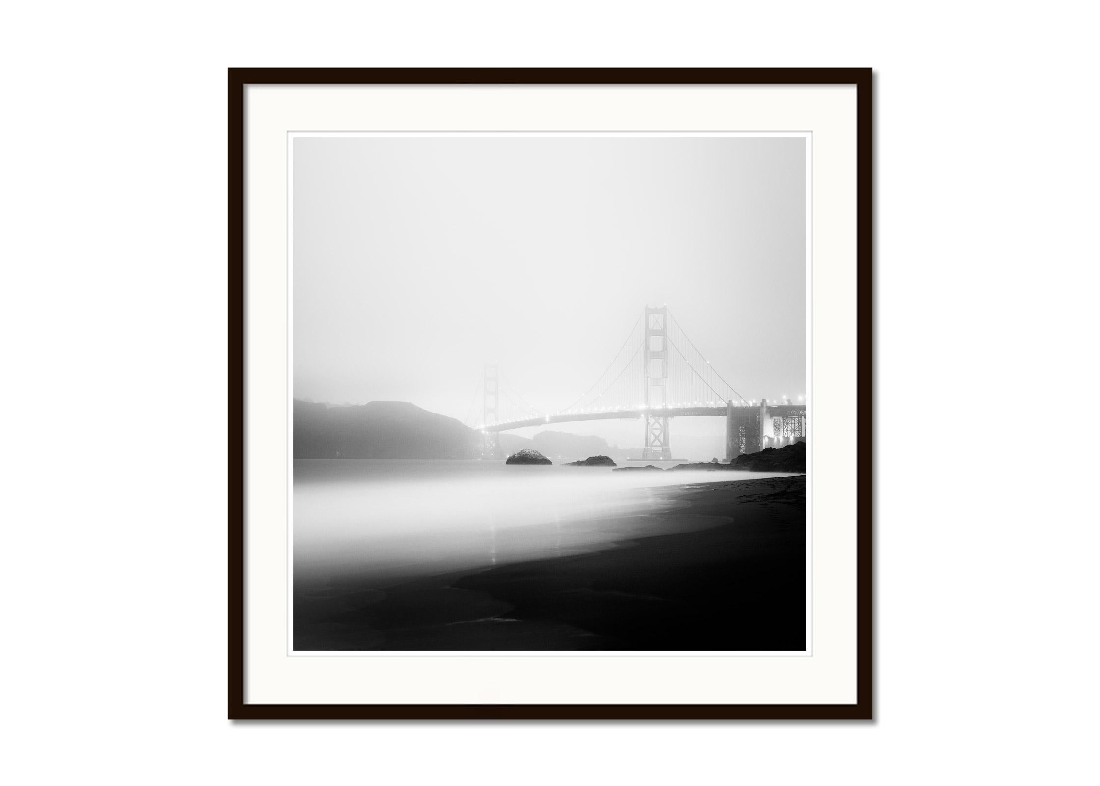 Golden Gate Bridge, foggy, night, USA, black and white photography, landscape - Gray Landscape Photograph by Gerald Berghammer