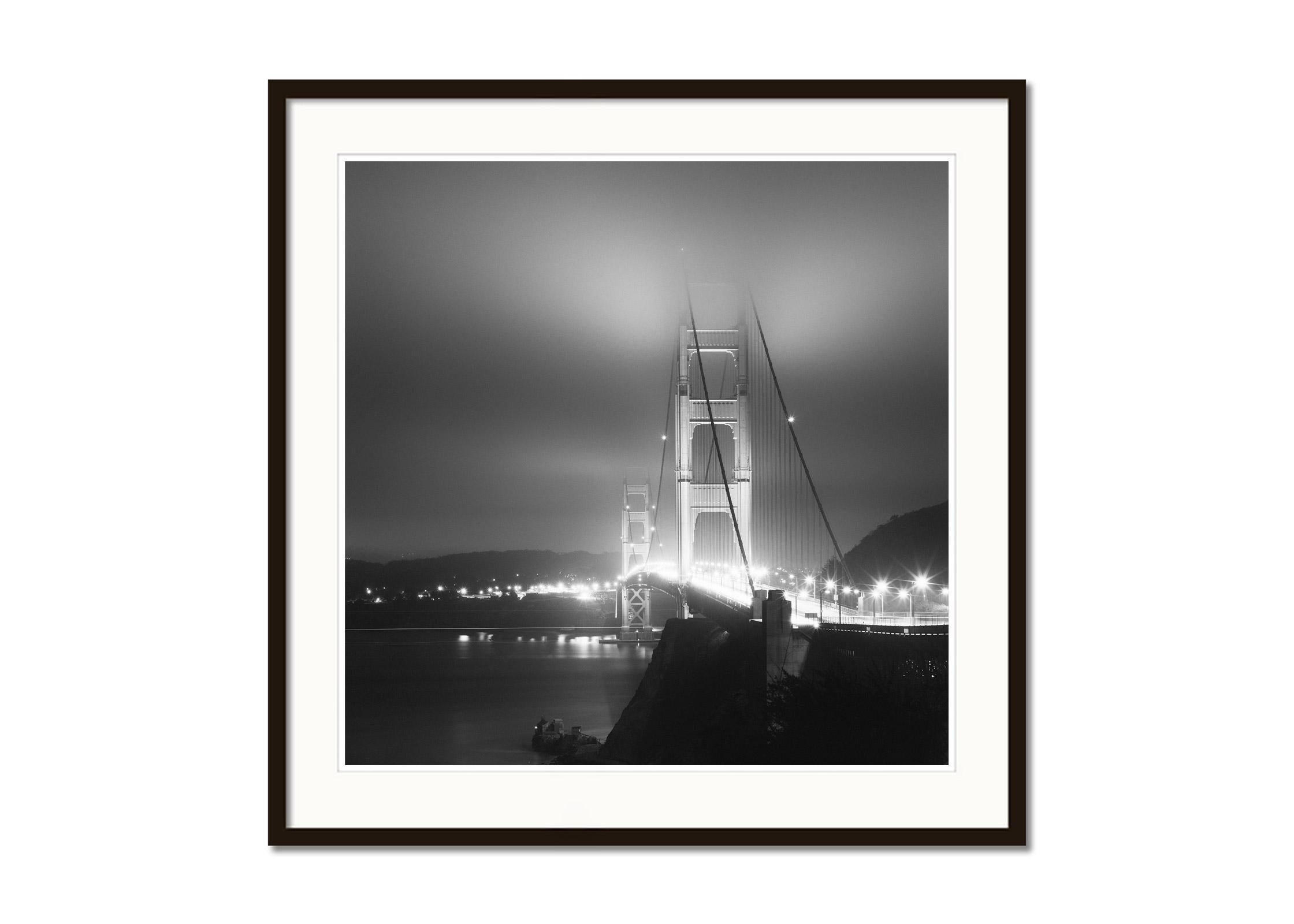 Golden Gate Bridge, night, San Francisco, USA, black white landscape photography - Gray Black and White Photograph by Gerald Berghammer