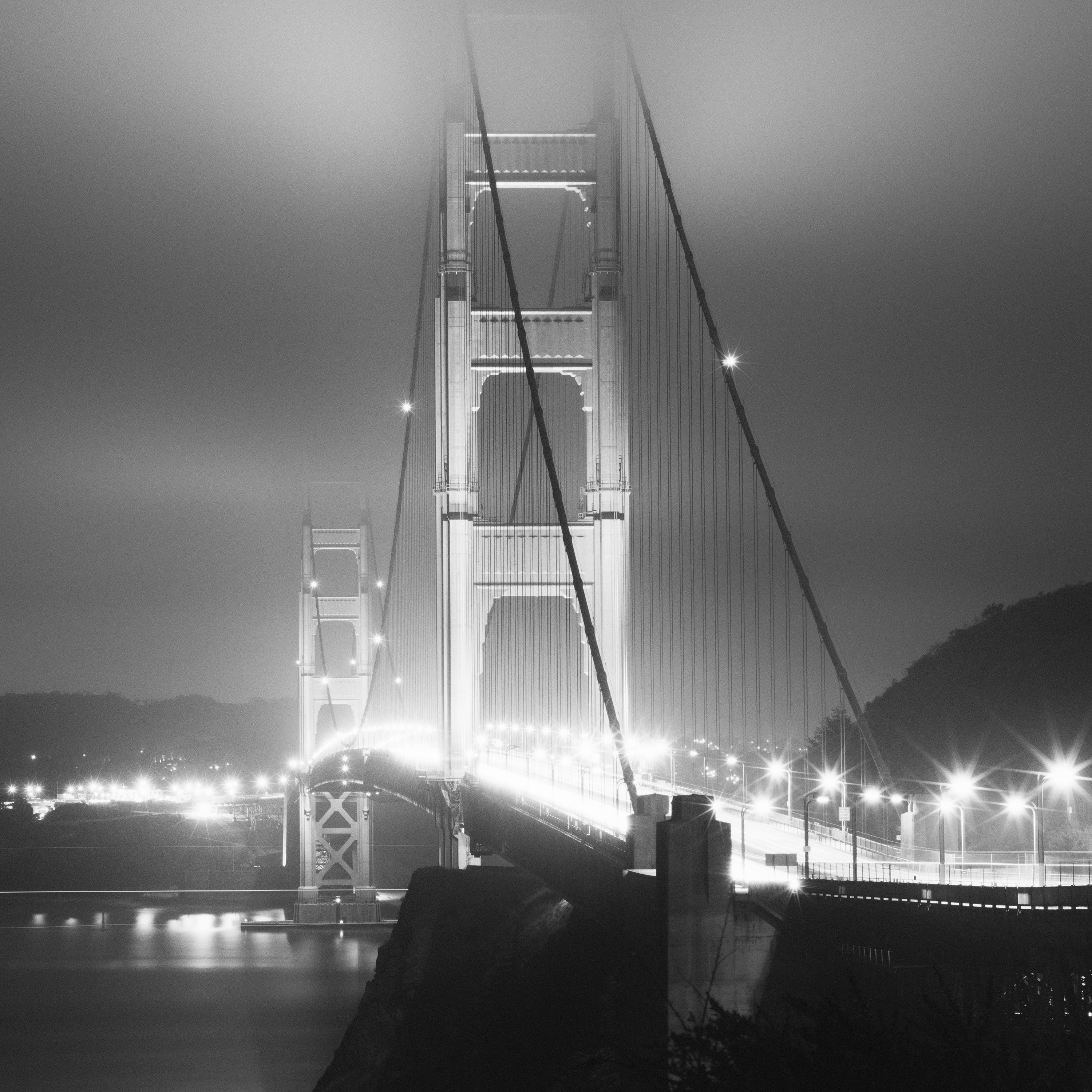 Golden Gate Bridge, night, San Francisco, USA, black white landscape photography For Sale 3