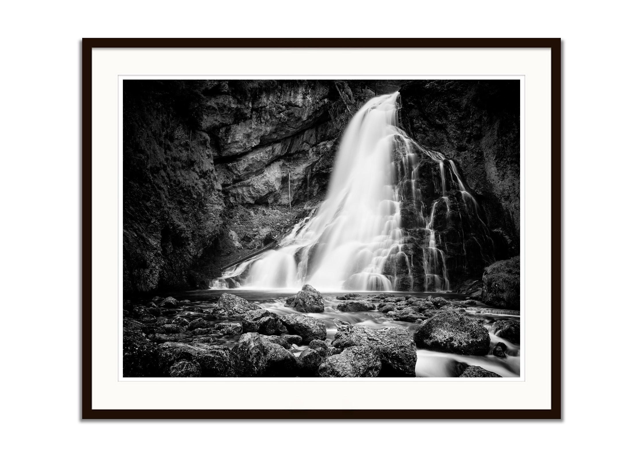 Golling Falls, mountain waterfall, black and white landscape fineart photography - Black Landscape Photograph by Gerald Berghammer