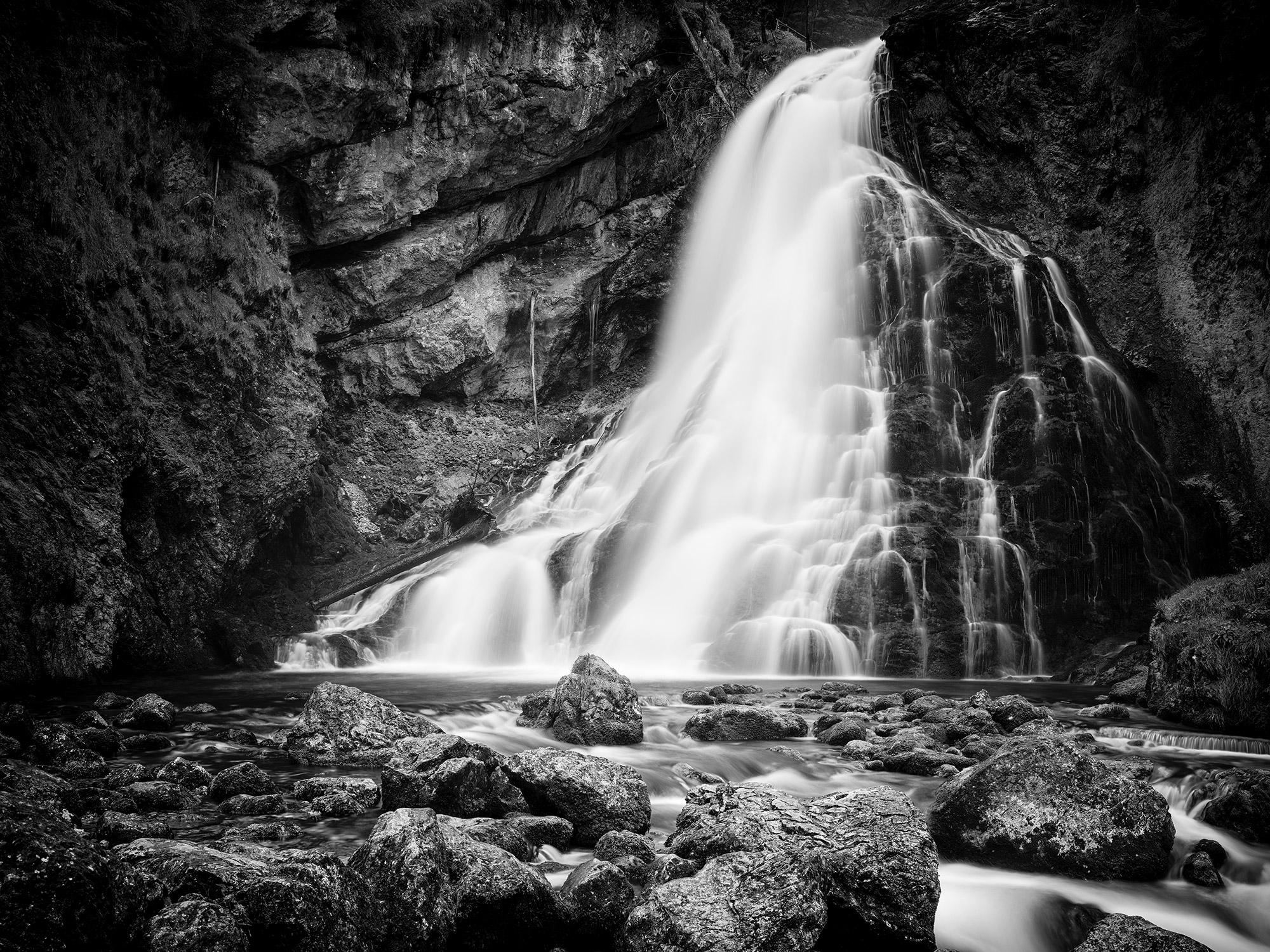 Gerald Berghammer Landscape Photograph - Golling Falls, mountain waterfall, black and white landscape fineart photography