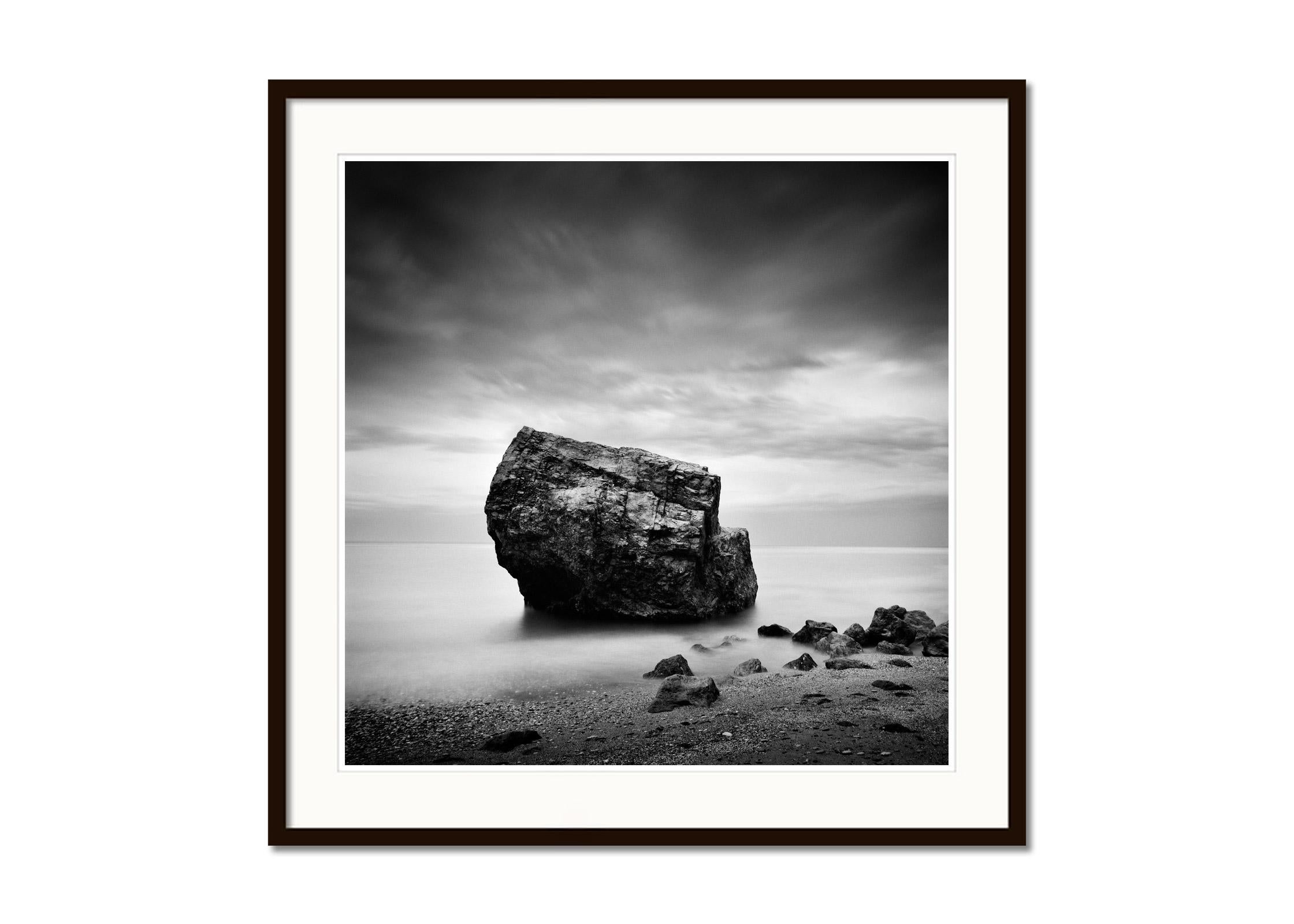 Great Rock, Beach, Spain, black and white fine art photography, landscape - Gray Landscape Photograph by Gerald Berghammer
