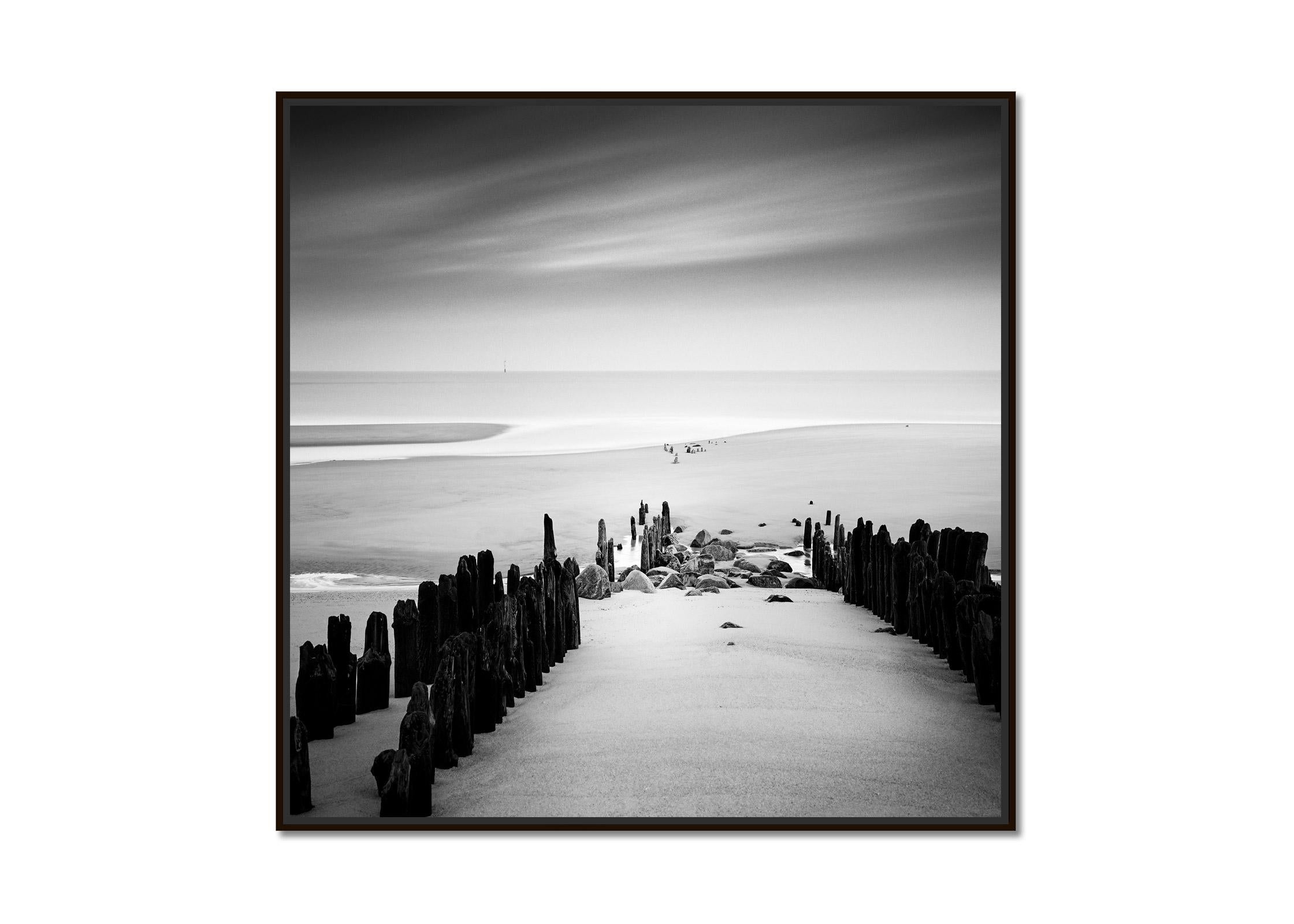 Groyne, Wavebreaker, Beach, Sylt, Germany, black & white waterscape photo print - Photograph by Gerald Berghammer