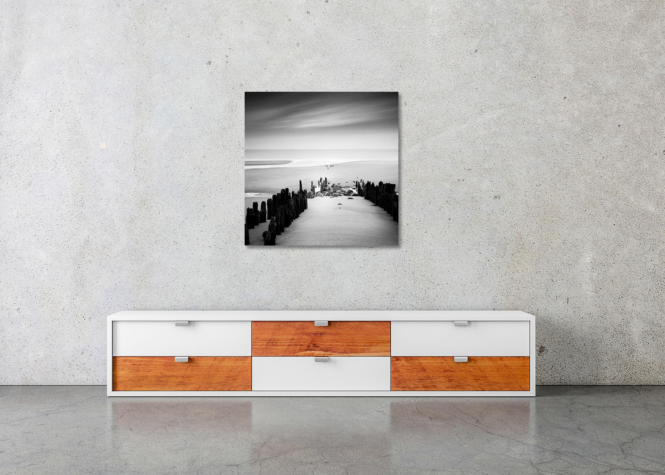 Groyne, Wavebreaker, Beach, Sylt, Germany, black & white waterscape photo print For Sale 2