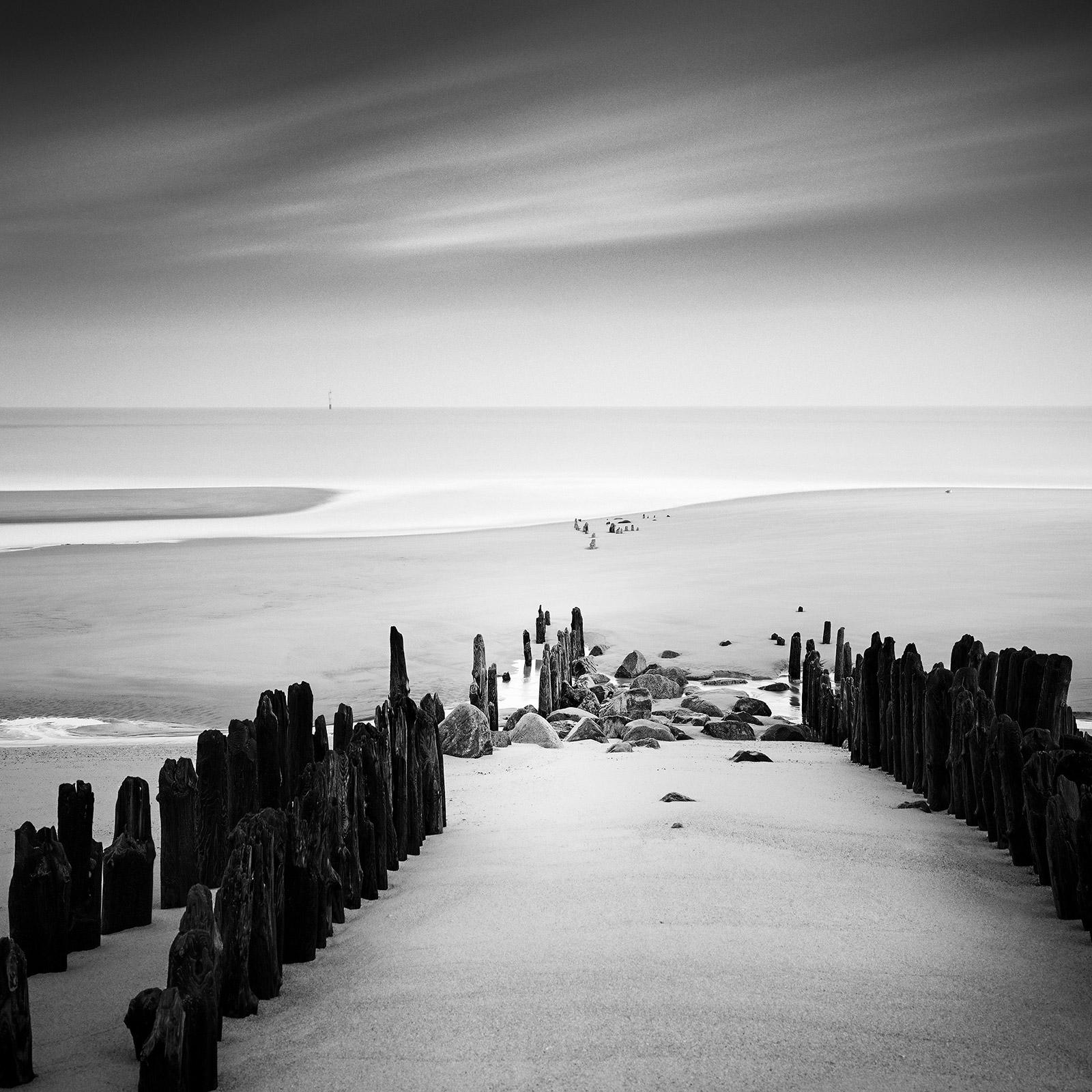 Gerald Berghammer Landscape Photograph - Groyne, Wavebreaker, Beach, Sylt, Germany, black & white waterscape photo print