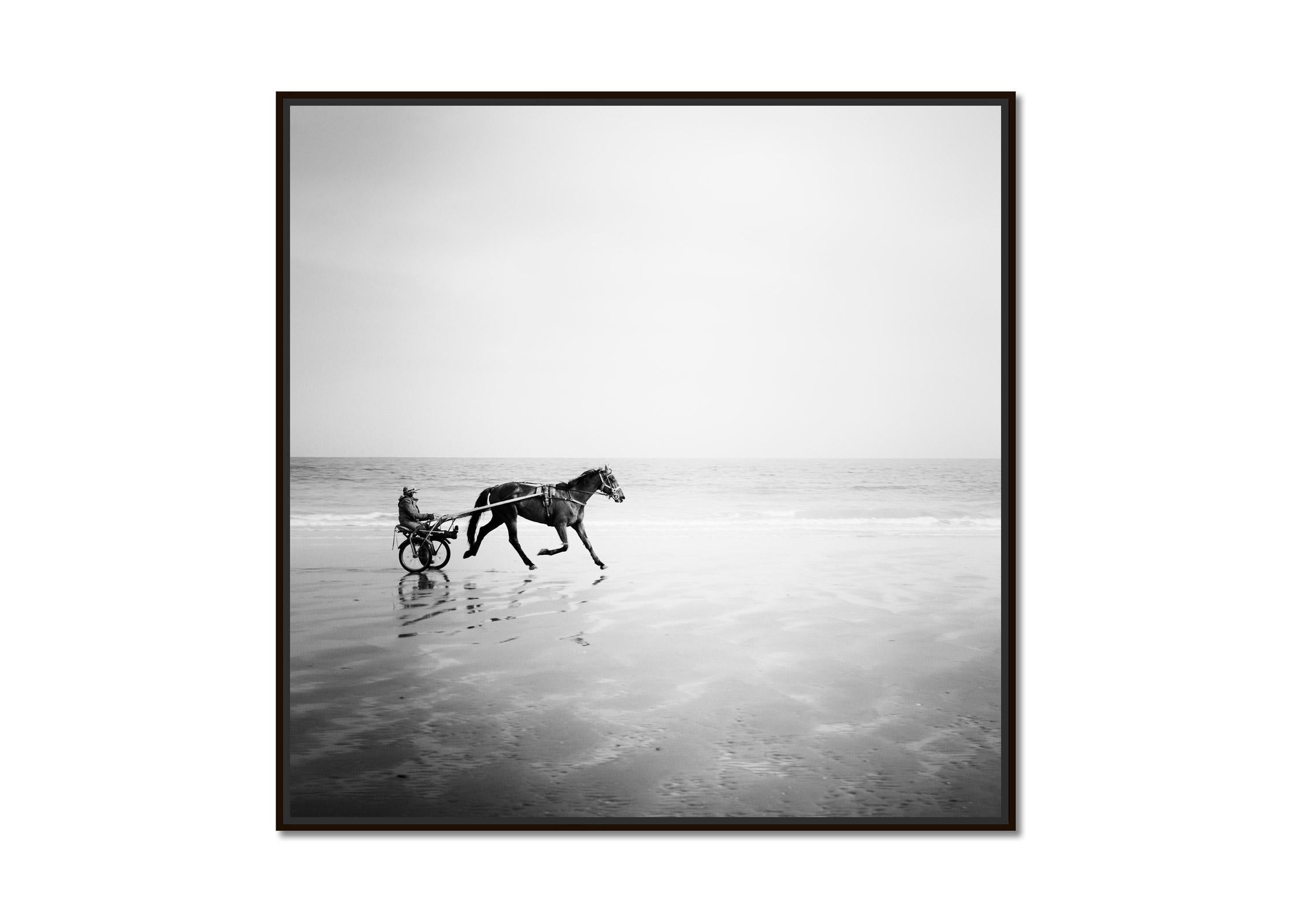 Harness Racing, France, Beach Normandie, France, black and white art photography - Photograph by Gerald Berghammer