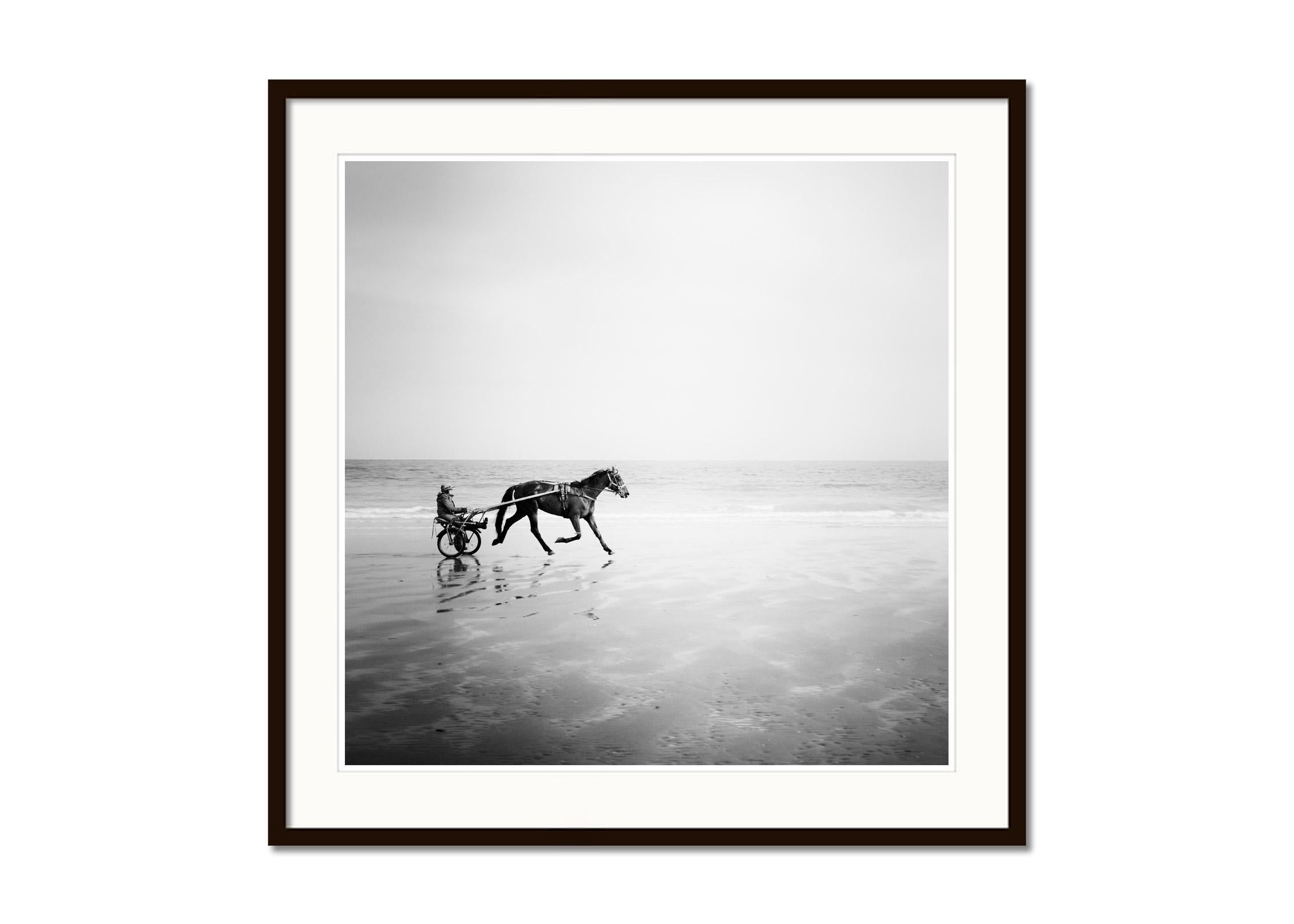 Harness Racing, France, Beach Normandie, France, black and white art photography - Gray Landscape Photograph by Gerald Berghammer