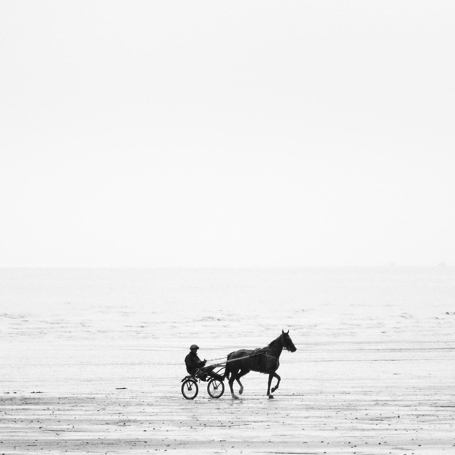 Harness Racing, France, Horse, Beach, black and white art landscape, wood frame - Gray Black and White Photograph by Gerald Berghammer
