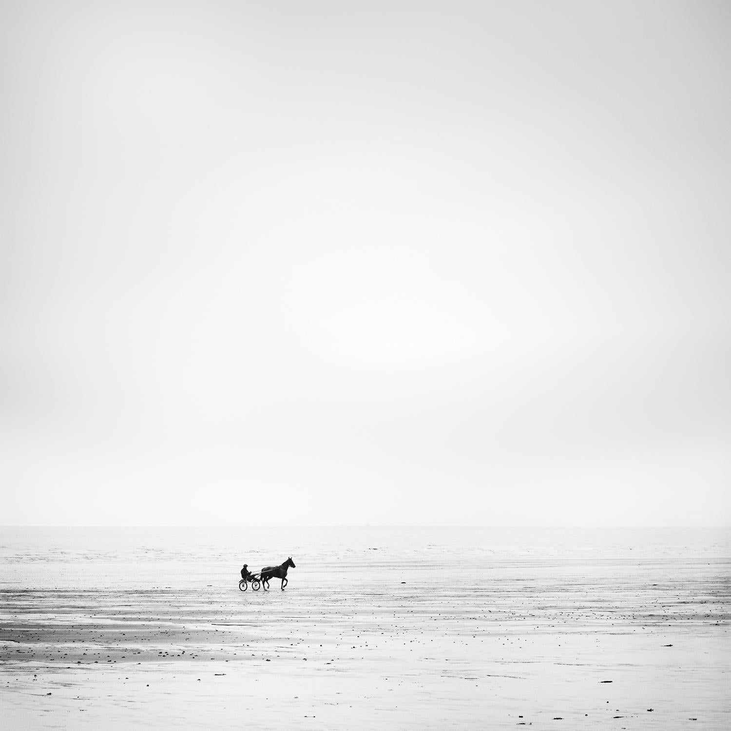 Harness Racing, France, Horse, Beach, black and white art landscape, wood frame - Photograph by Gerald Berghammer