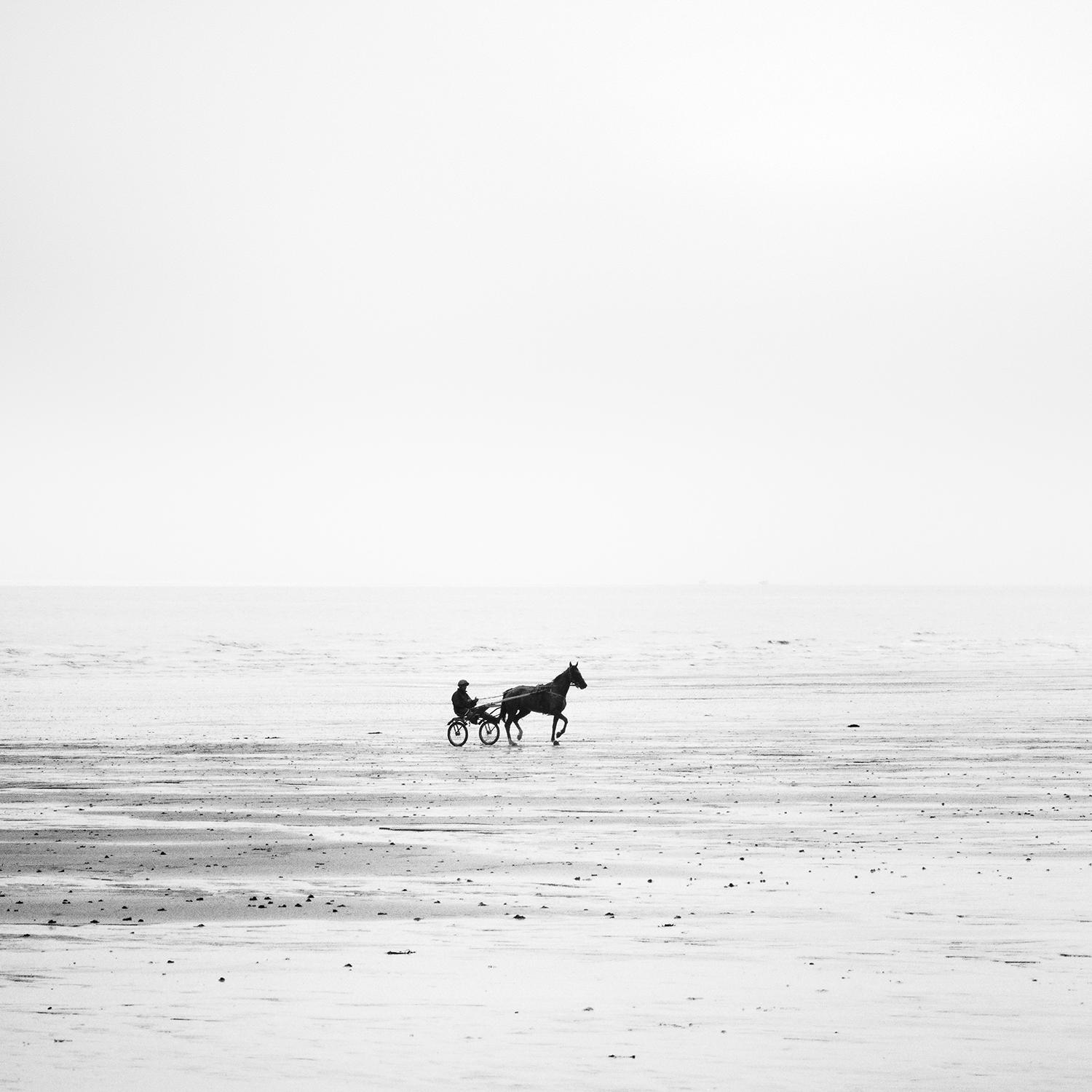 Harness Racing, France, Horse, Beach, black and white art landscape, wood frame - Contemporary Photograph by Gerald Berghammer