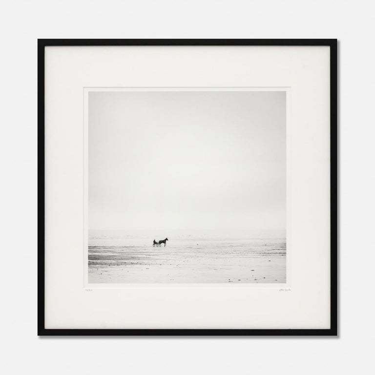 Gerald Berghammer Black and White Photograph - Harness Racing, France, Horse, Beach, black and white art landscape, wood frame