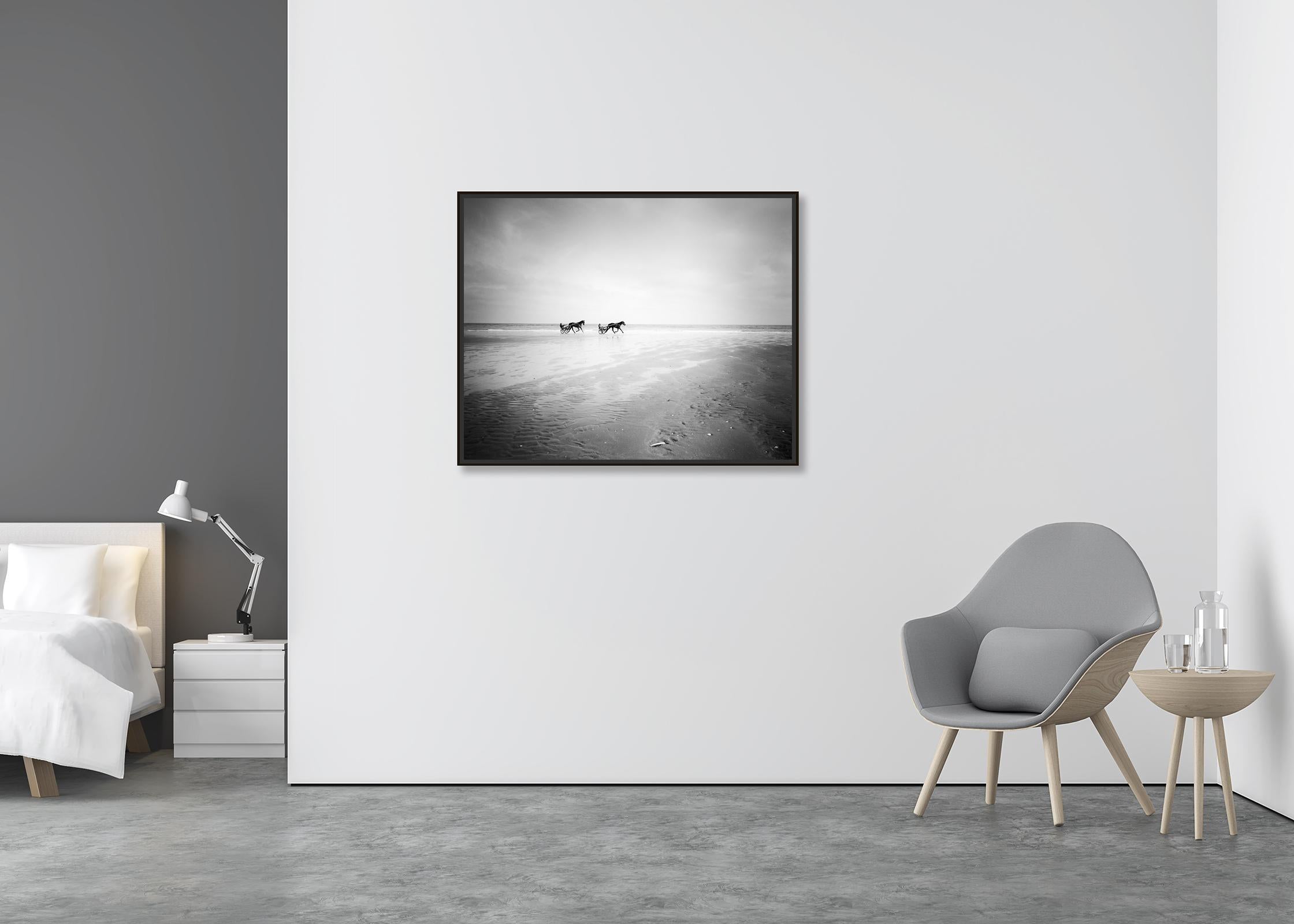 Harness Racing, horse riding, beach, black and white photography, landscape - Contemporary Photograph by Gerald Berghammer