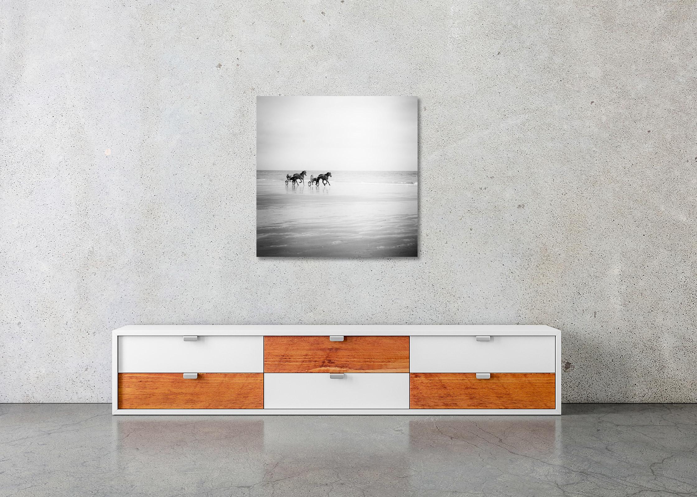 Harness Racing, horses on the beach, France, black white landscape photography For Sale 2