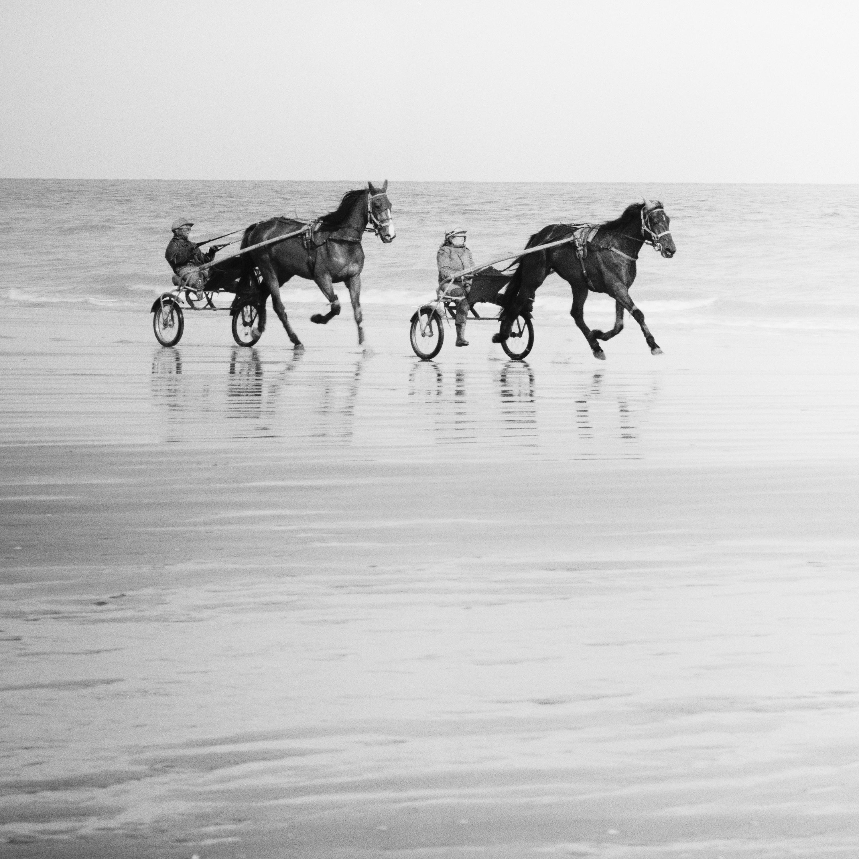 Harness Racing, horses on the beach, France, black white landscape photography For Sale 3