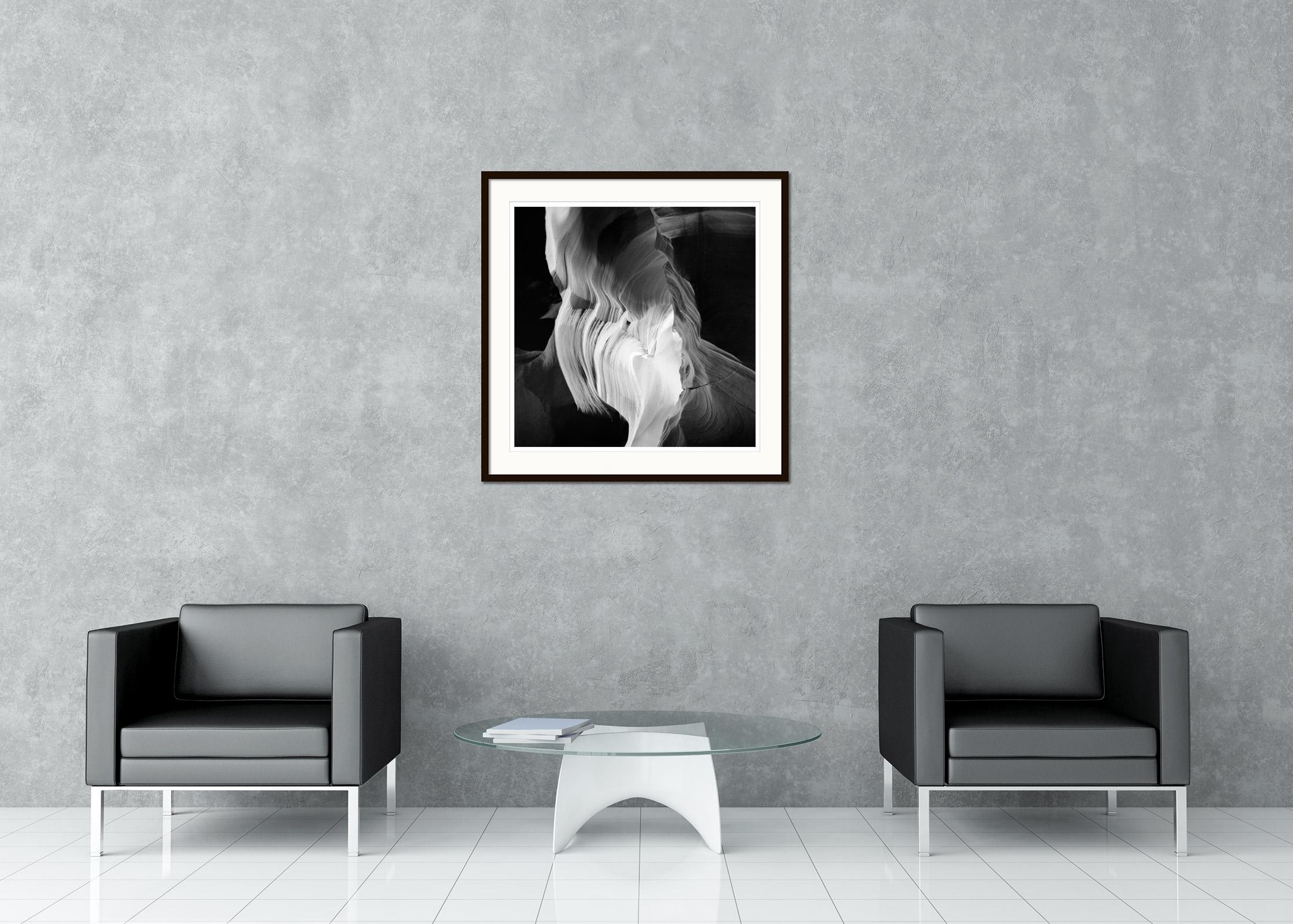 Black and white fine art landscape photography. Antelope Canyon detail in heart shape, Page, Arizona, USA. Archival pigment ink print as part of a limited edition of 9. All Gerald Berghammer prints are made to order in limited editions on