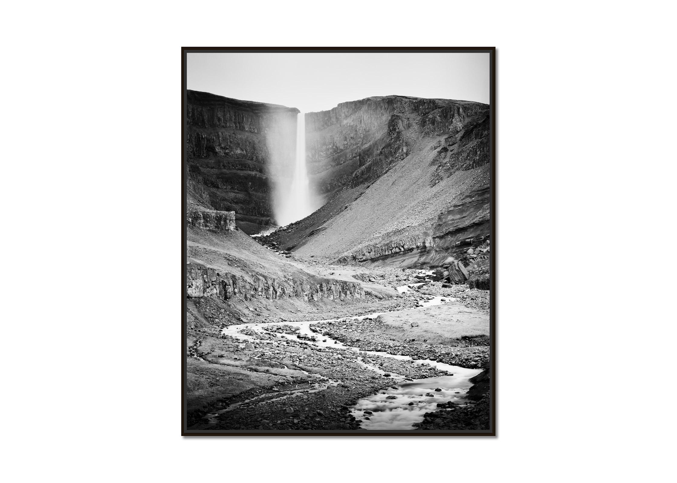 Hengifoss, mountain Waterfall, Iceland, black & white art landscape photography - Photograph by Gerald Berghammer