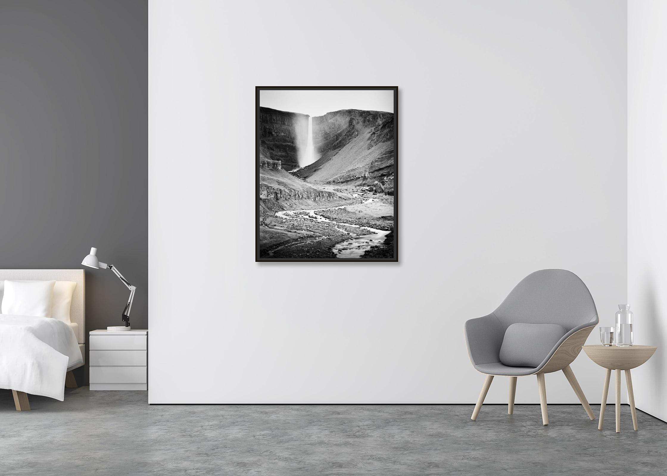 Hengifoss, mountain Waterfall, Iceland, black & white art landscape photography - Contemporary Photograph by Gerald Berghammer