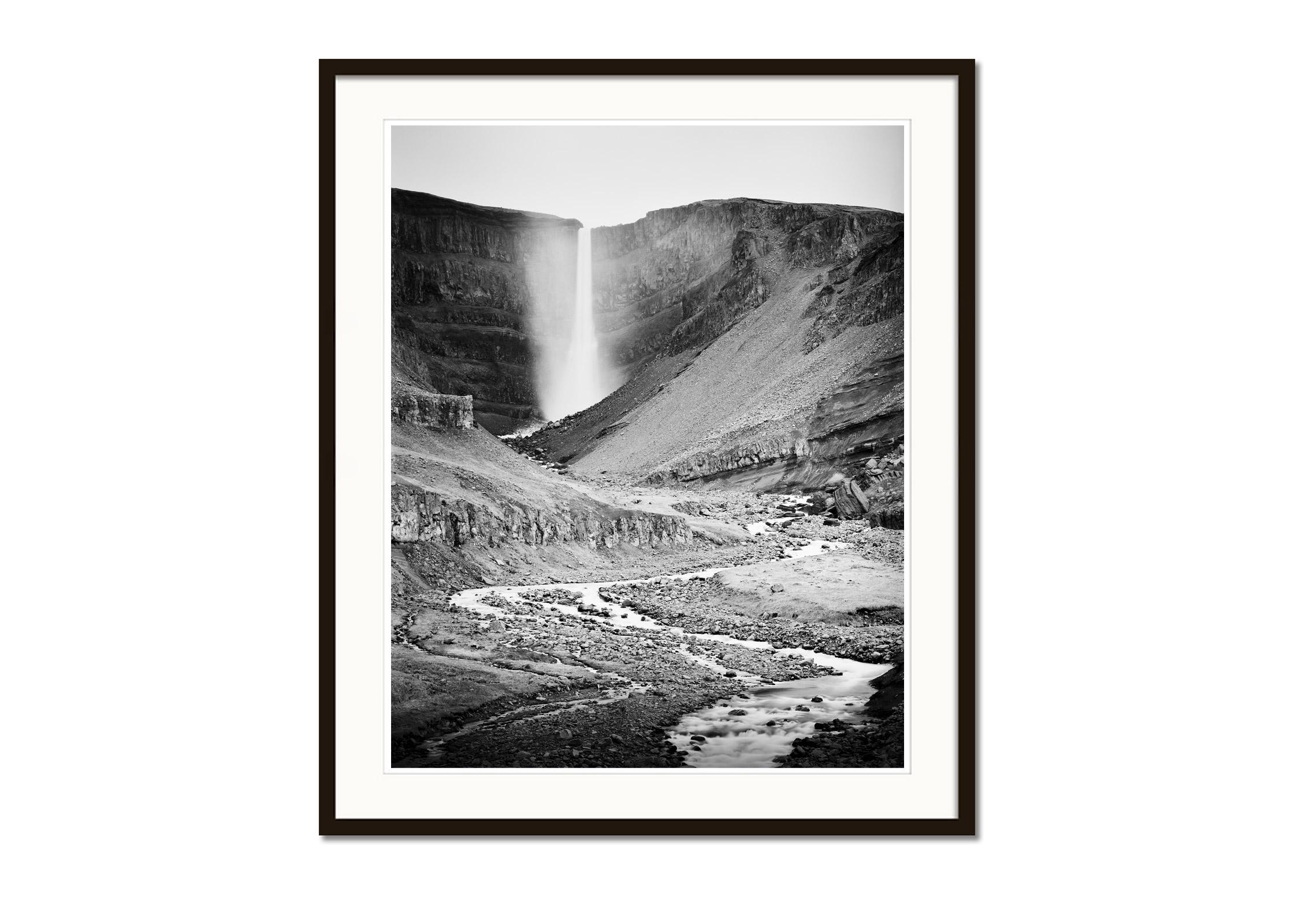 Hengifoss, mountain Waterfall, Iceland, black & white art landscape photography - Gray Black and White Photograph by Gerald Berghammer