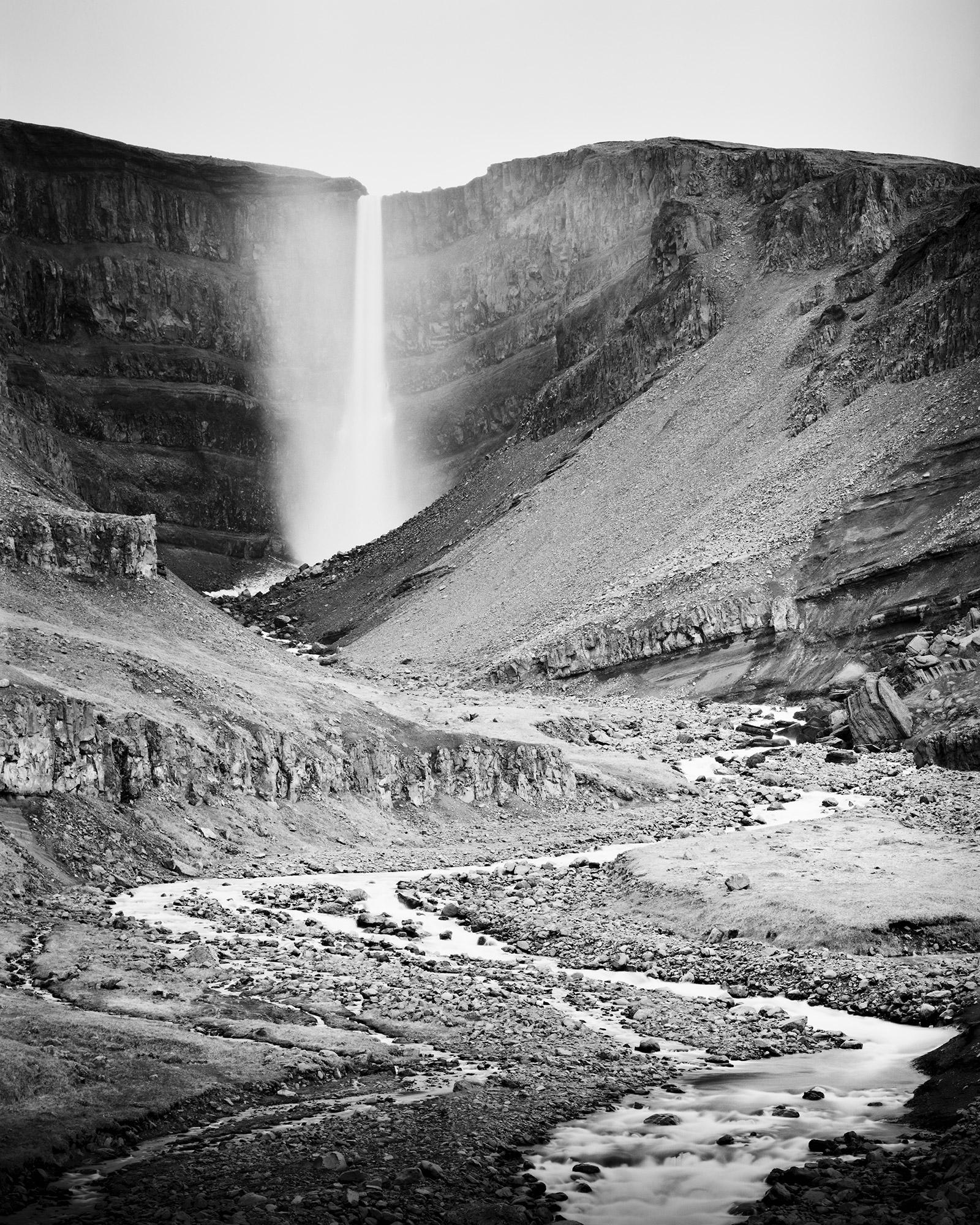 Gerald Berghammer Black and White Photograph - Hengifoss, mountain Waterfall, Iceland, black & white art landscape photography