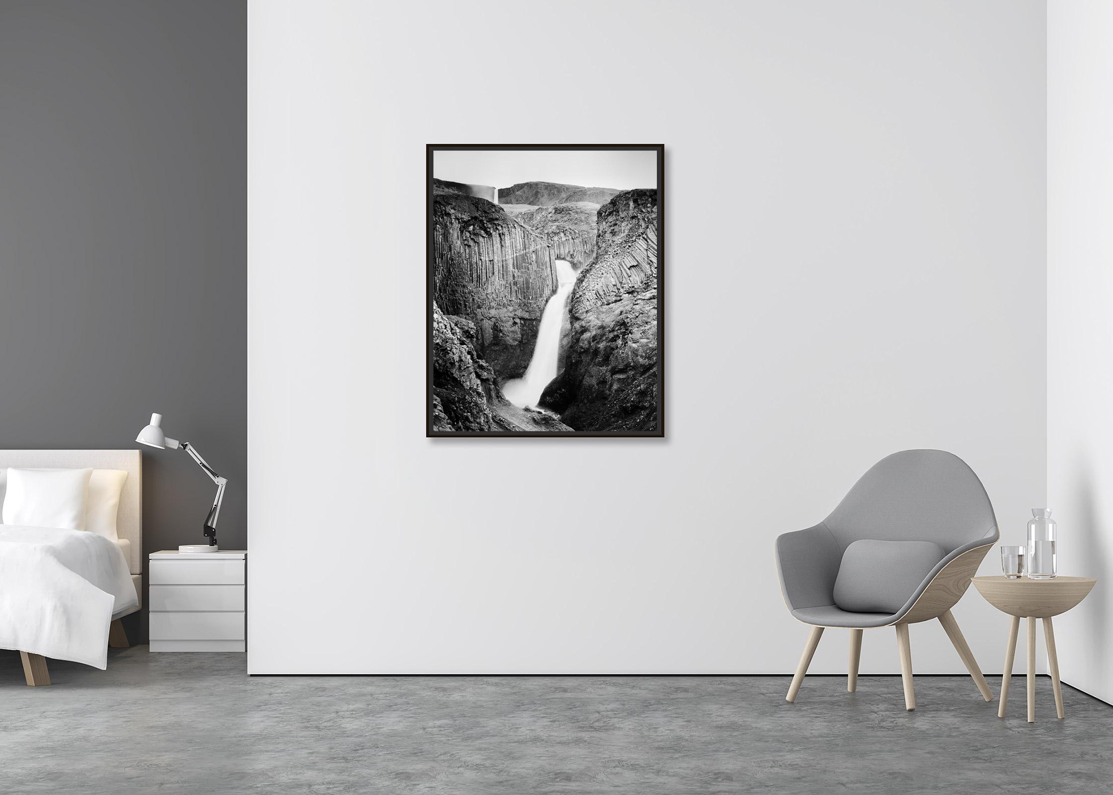 Hengifoss, Waterfall, Iceland, black and white fine art landscape photography - Contemporary Photograph by Gerald Berghammer