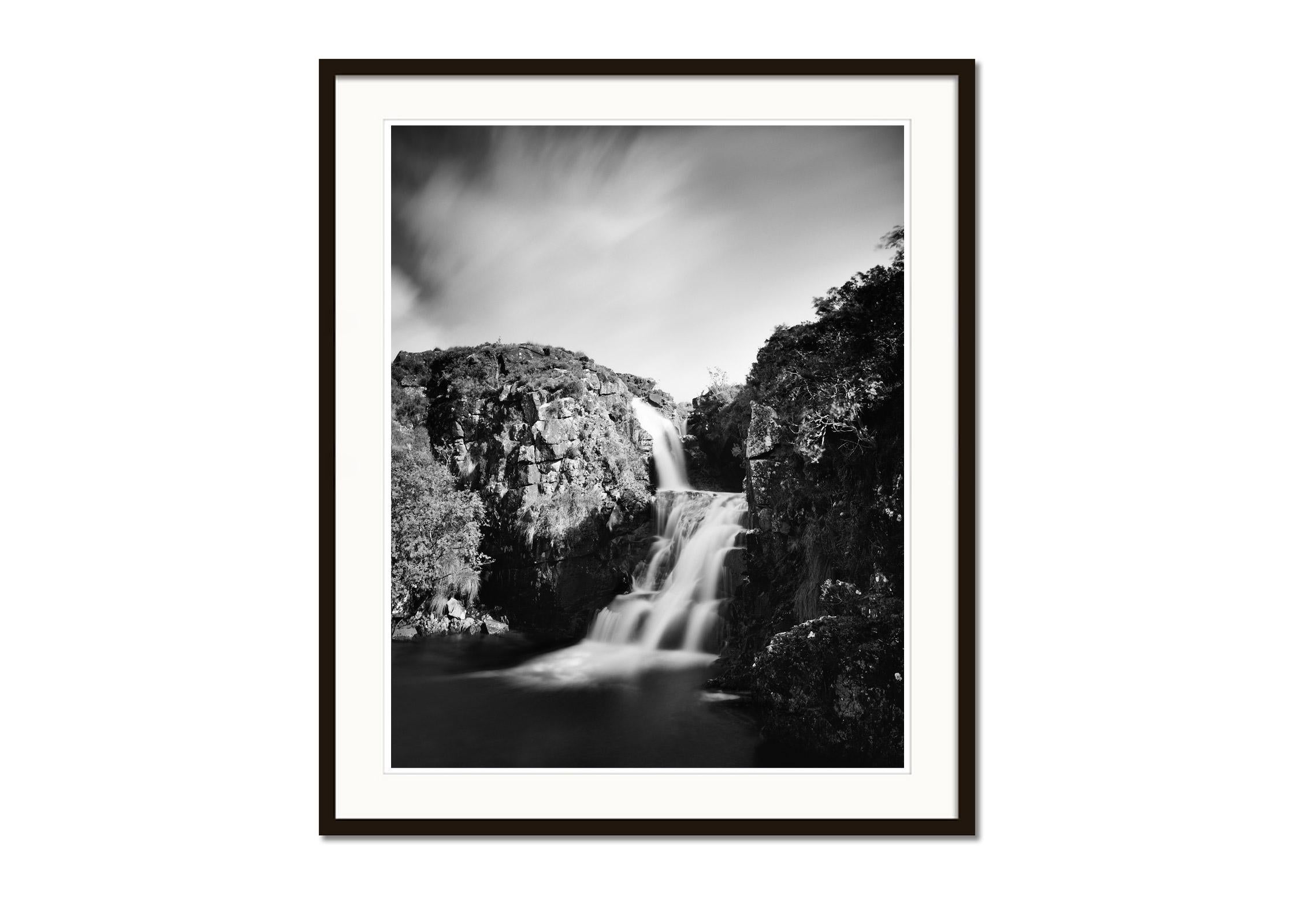 Highland Waterfall mountain stream Scotland black white landscape photography - Black Black and White Photograph by Gerald Berghammer