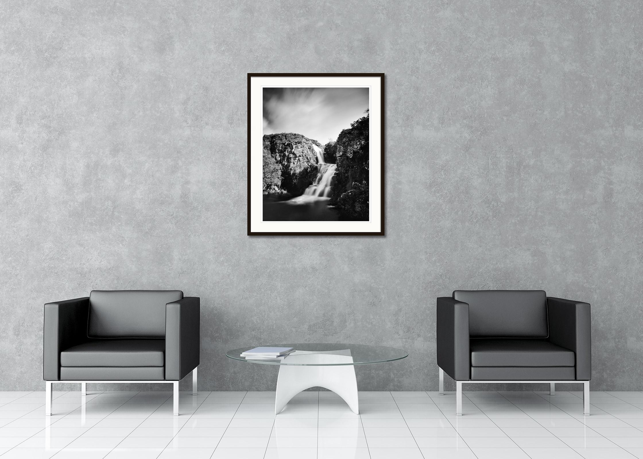 Black and white fine art long exposure waterscape - landscape photography. Mountain stream with waterfall in the Scottish highlands. Archival pigment ink print, edition of 7. Signed, titled, dated and numbered by artist. Certificate of authenticity