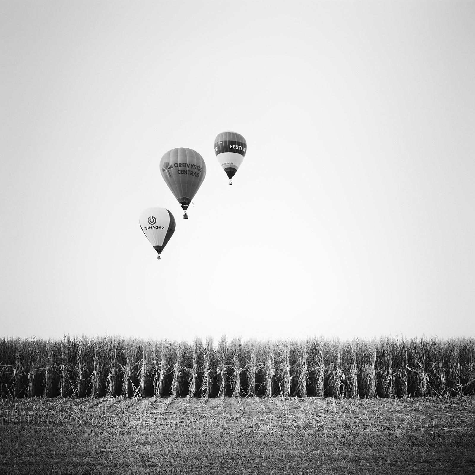 Gerald Berghammer Black and White Photograph - Hot Air Balloon, Cornfield, Championship, Austria, Black White landscape Photo