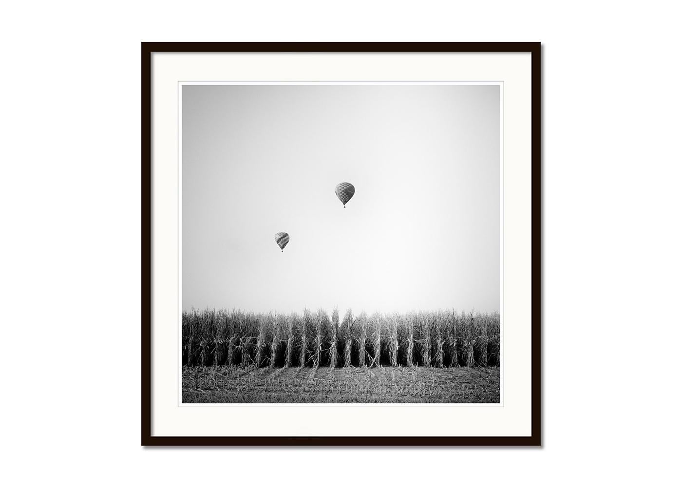 Hot Air Balloon, Cornfield, Championship, Schwarz-Weiß-Landschaftsfotodruck (Grau), Black and White Photograph, von Gerald Berghammer