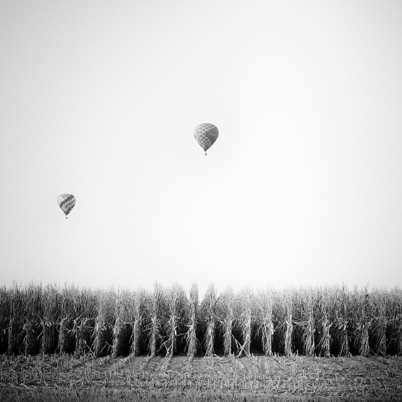 Gerald Berghammer Black and White Photograph – Hot Air Balloon, Cornfield, Championship, Schwarz-Weiß-Landschaftsfotodruck