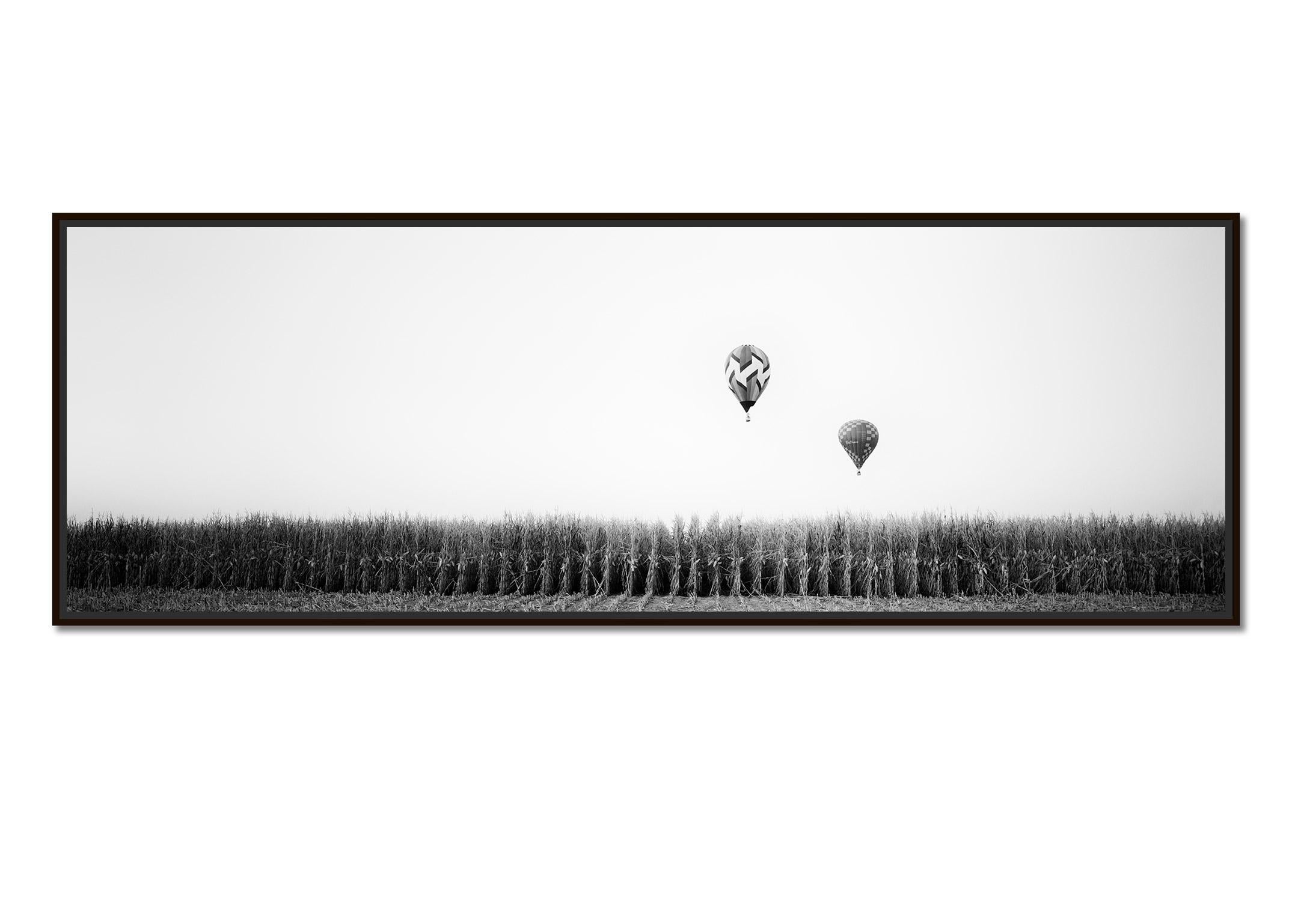 Hot Air Balloon Panorama, Cornfield, black and white, art landscape, photography - Photograph by Gerald Berghammer