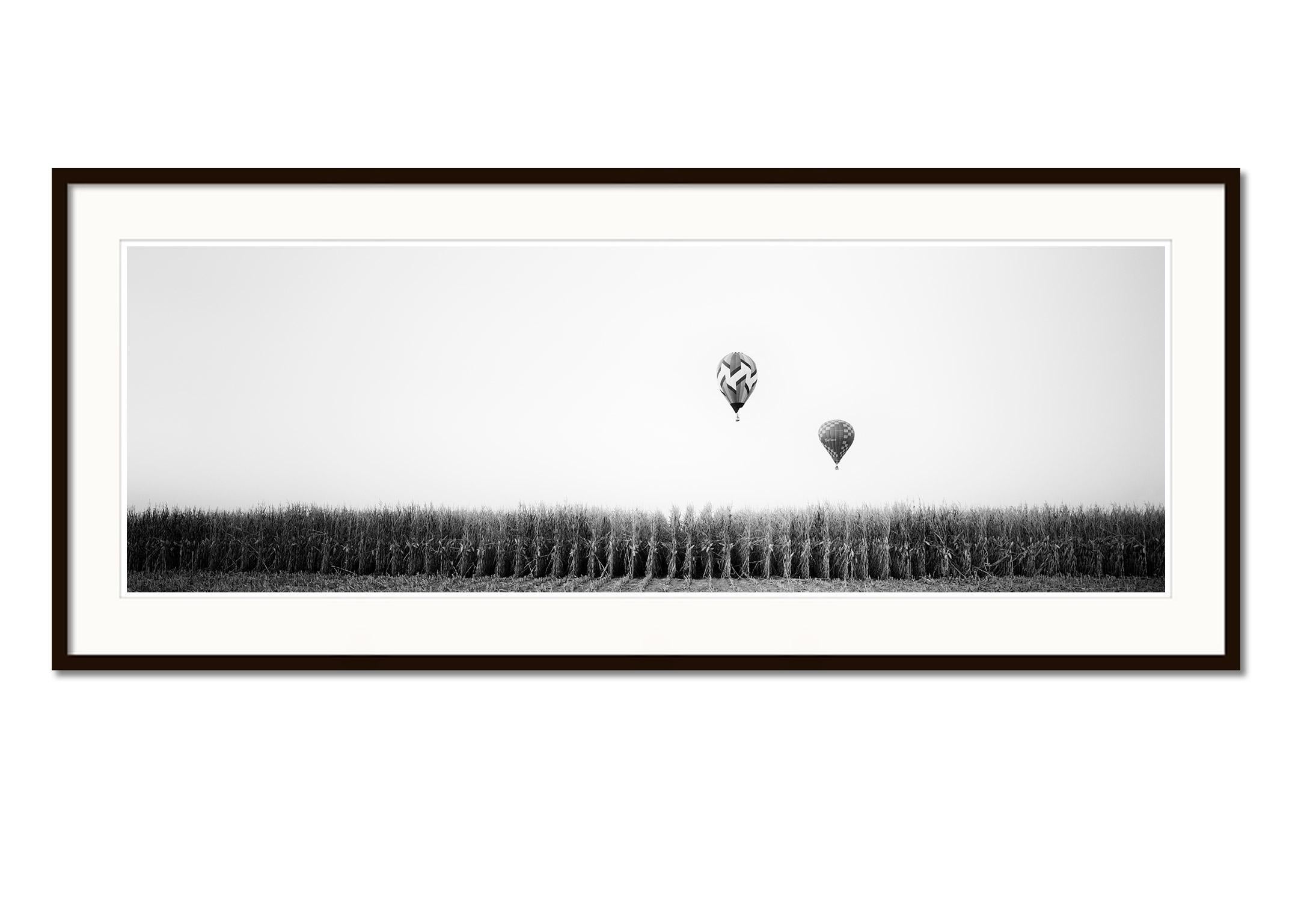 Hot Air Balloon Panorama, Cornfield, black and white, art landscape, photography - Gray Landscape Photograph by Gerald Berghammer