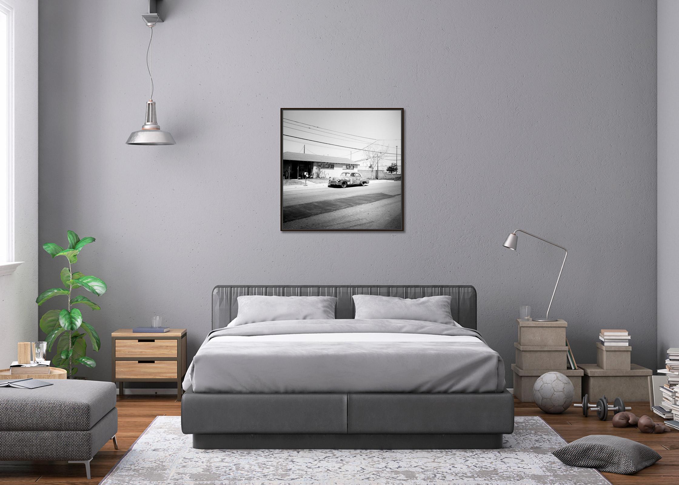 House, Classic Car, Arizona, USA, Black & White landscape photography art print For Sale 1