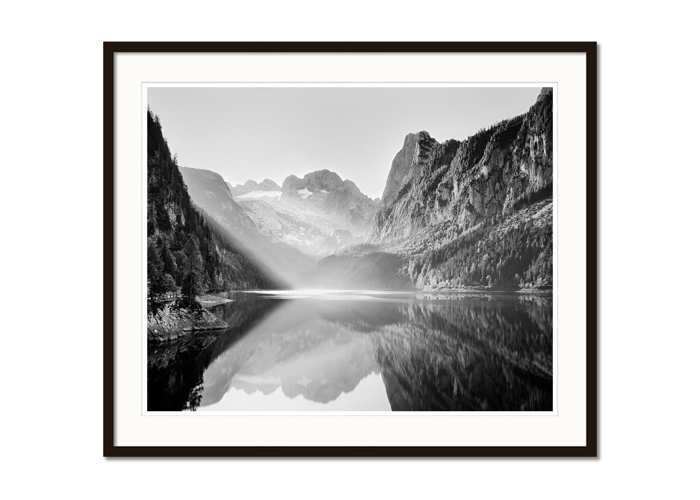 Illumination, mountain lake, black and white long exposure landscape photography - Gray Landscape Photograph by Gerald Berghammer