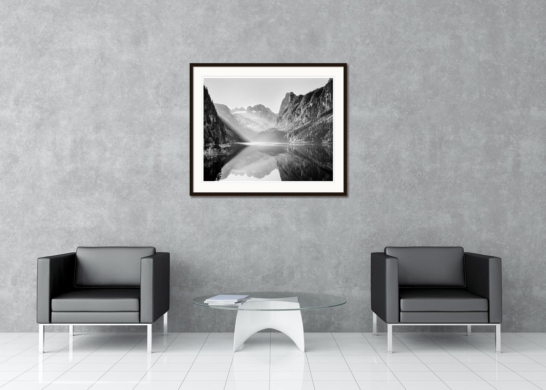 Black and White Fine Art Landscape Photography - Amazing landscape photo with beautiful lighting of mountains with lake at sunrise. Archival pigment ink print, edition of 15. Signed, titled, dated and numbered by artist. Certificate of authenticity
