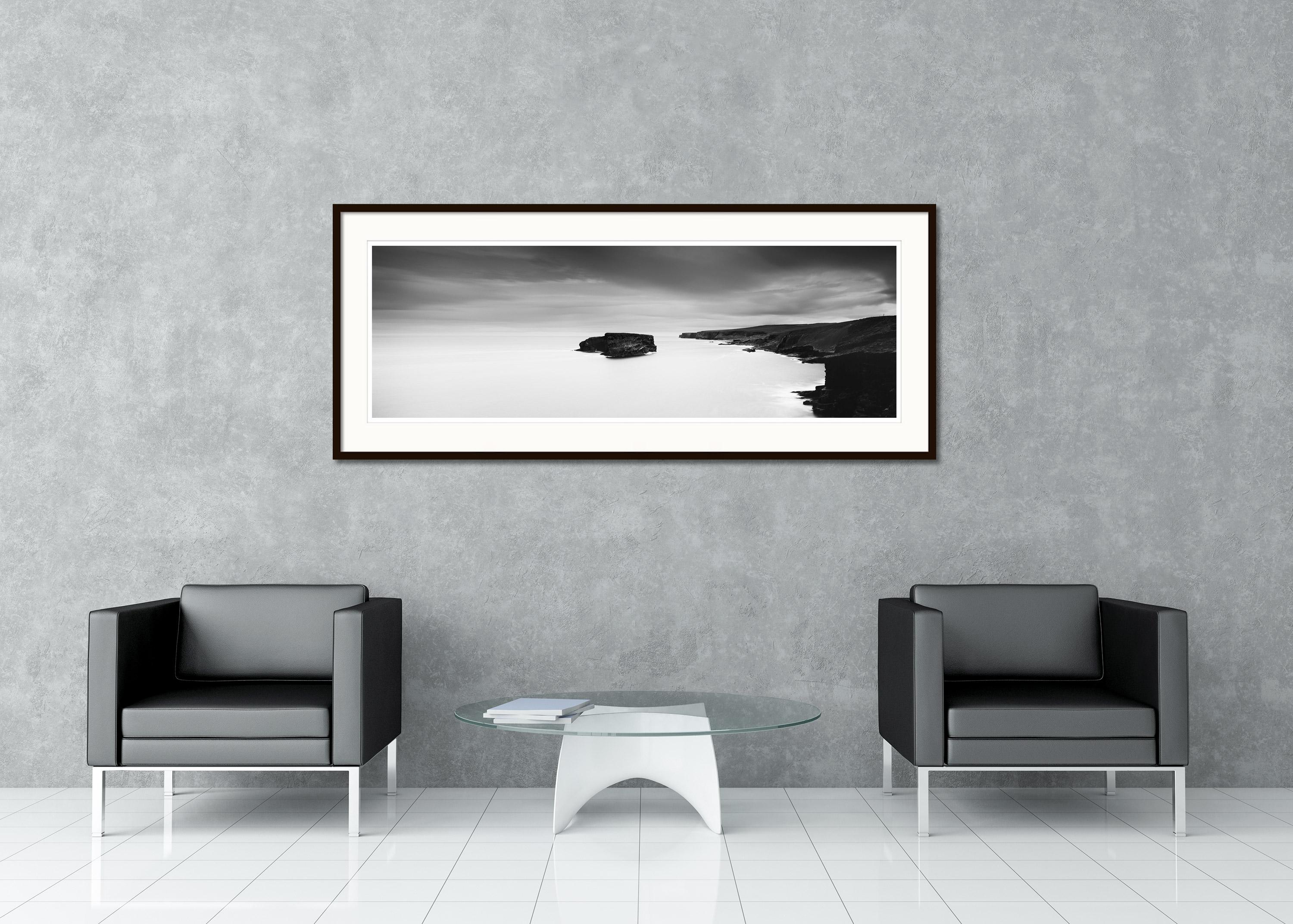 Black and white fine art waterscape - landscape photography. Panorama of the Irish coast with the steep cliffs and an island. Archival pigment ink print, edition of 9. Signed, titled, dated and numbered by artist. Certificate of authenticity