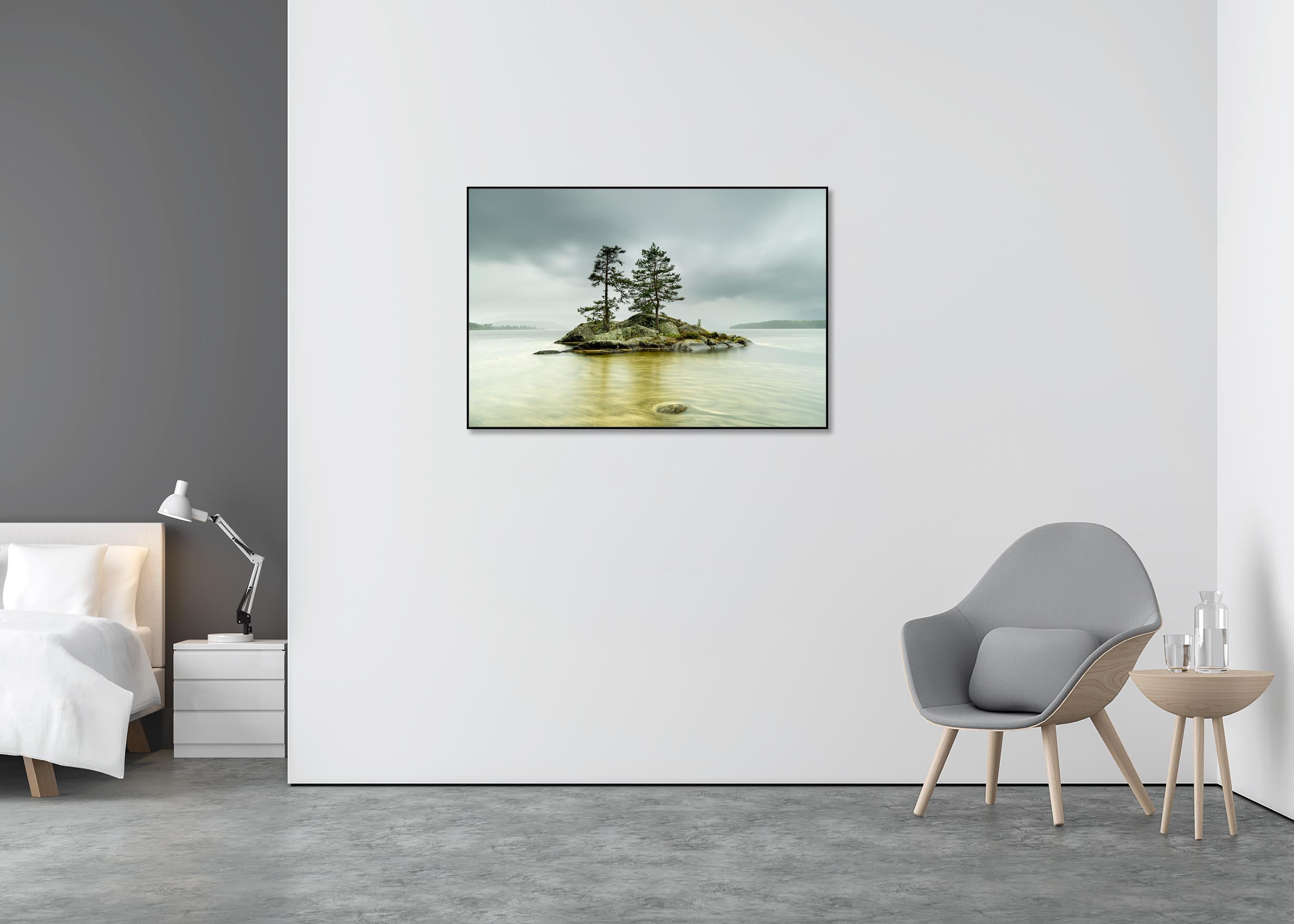Island in jaune Water, grande photographie en couleur, paysage, édition limitée - Gris Color Photograph par Gerald Berghammer
