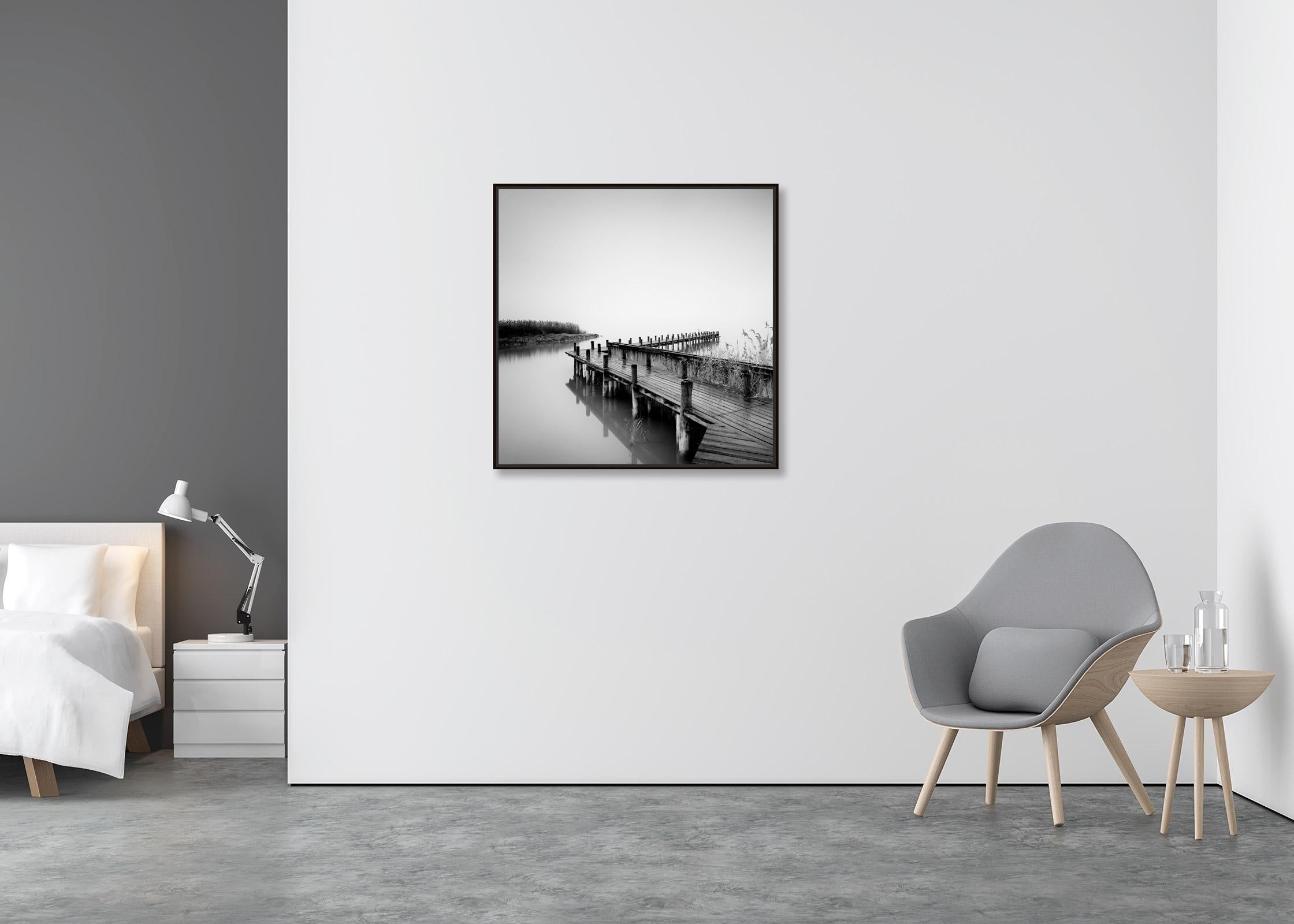 Jetty on calm Lake, foggy morning, black and white, long exposure art waterscape - Contemporary Photograph by Gerald Berghammer