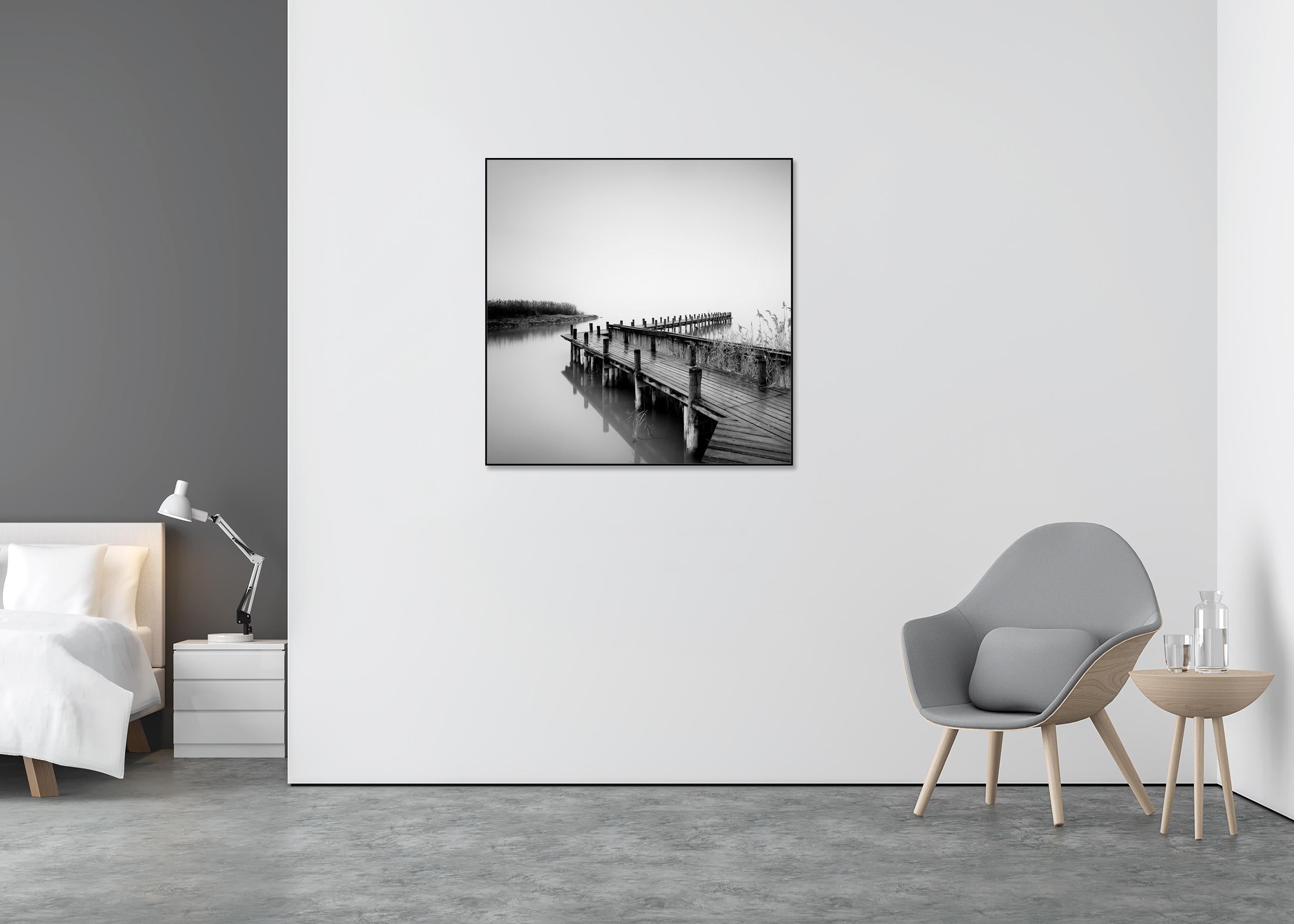 Jetty on calm Lake - Black Black and White Photograph by Gerald Berghammer