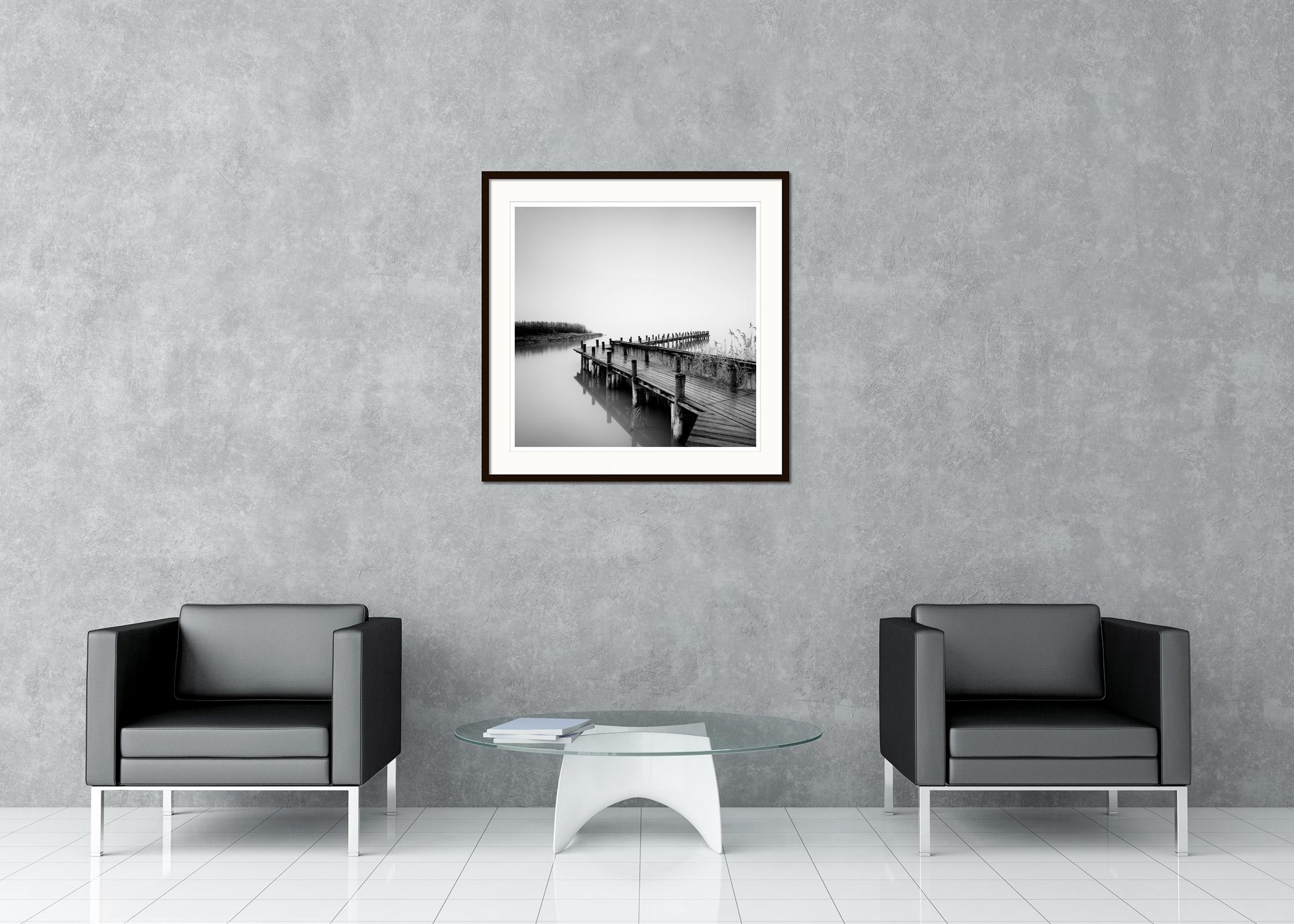 Jetty on calm Lake, foggy morning, black and white, long exposure art waterscape For Sale 1