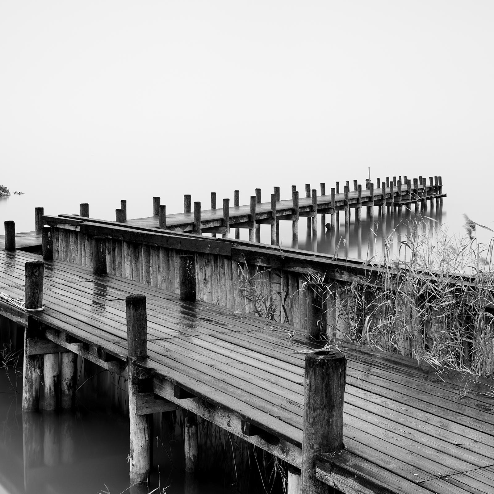 Jetty on calm Lake, foggy morning, black and white, long exposure art waterscape For Sale 4