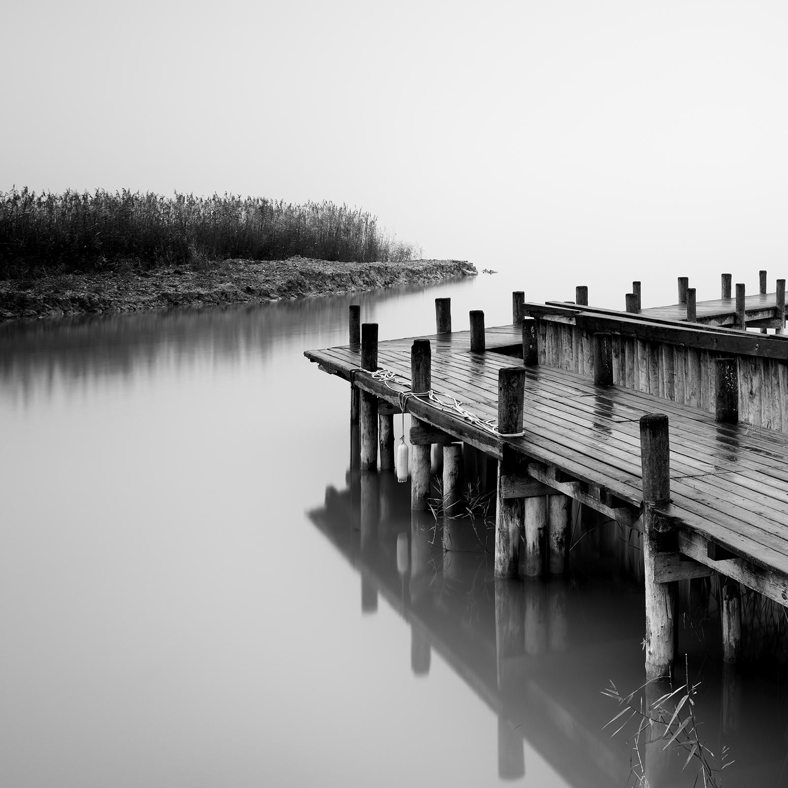 Jetty on calm Lake, foggy morning, black and white, long exposure art waterscape For Sale 5