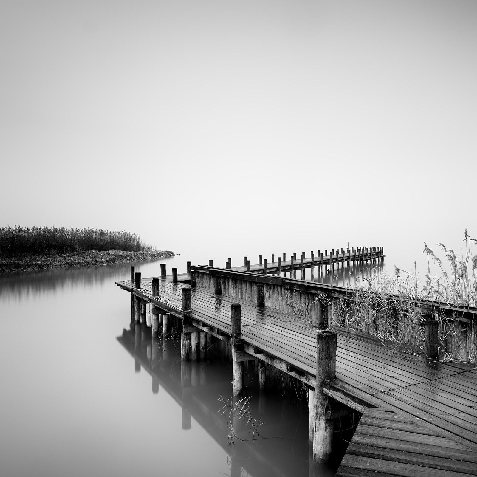 Gerald Berghammer Black and White Photograph - Jetty on calm Lake, foggy morning, black and white, long exposure art waterscape