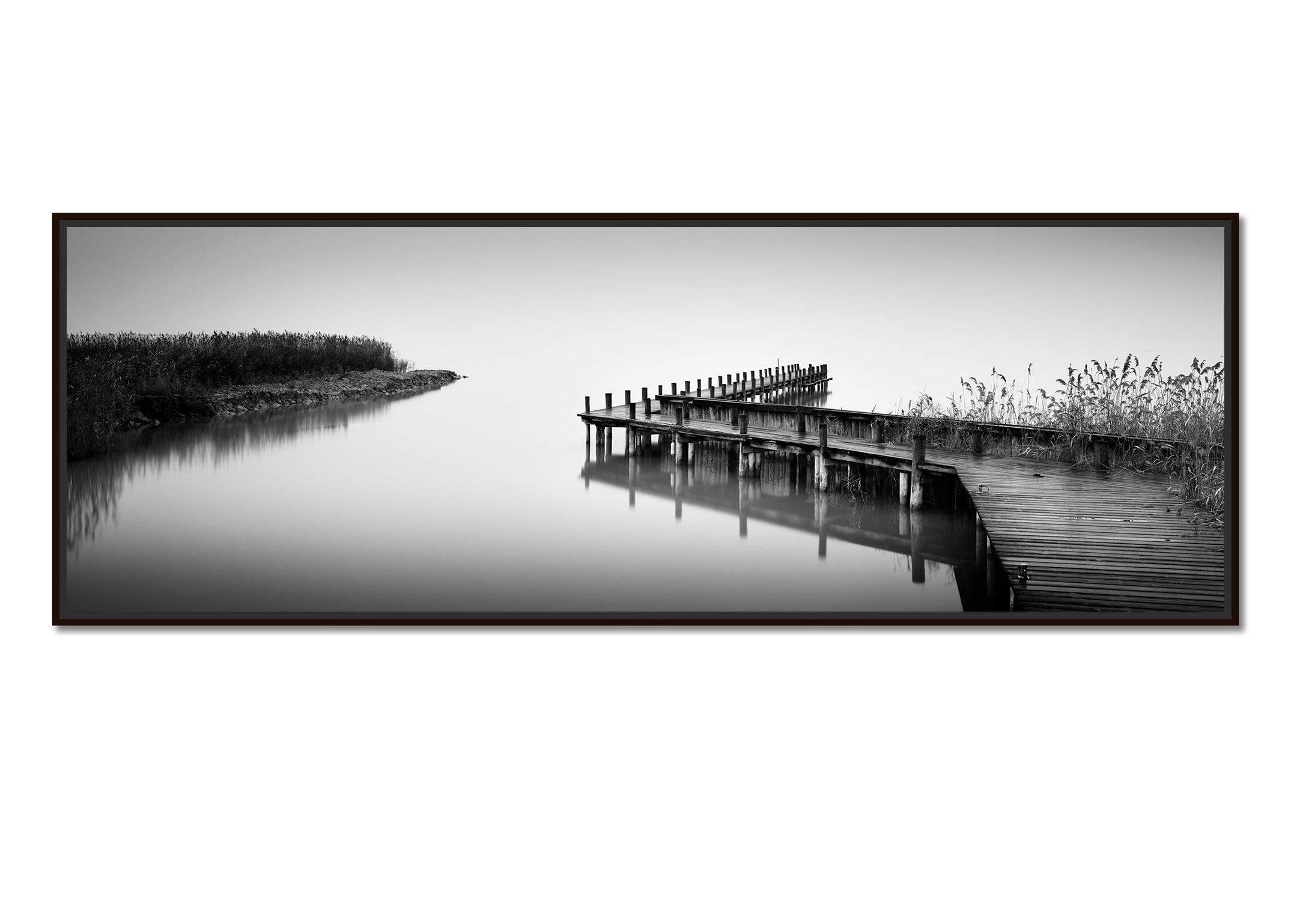 Jetty on calm Lake Panorama, black and white photography, waterscape fine art  - Photograph by Gerald Berghammer