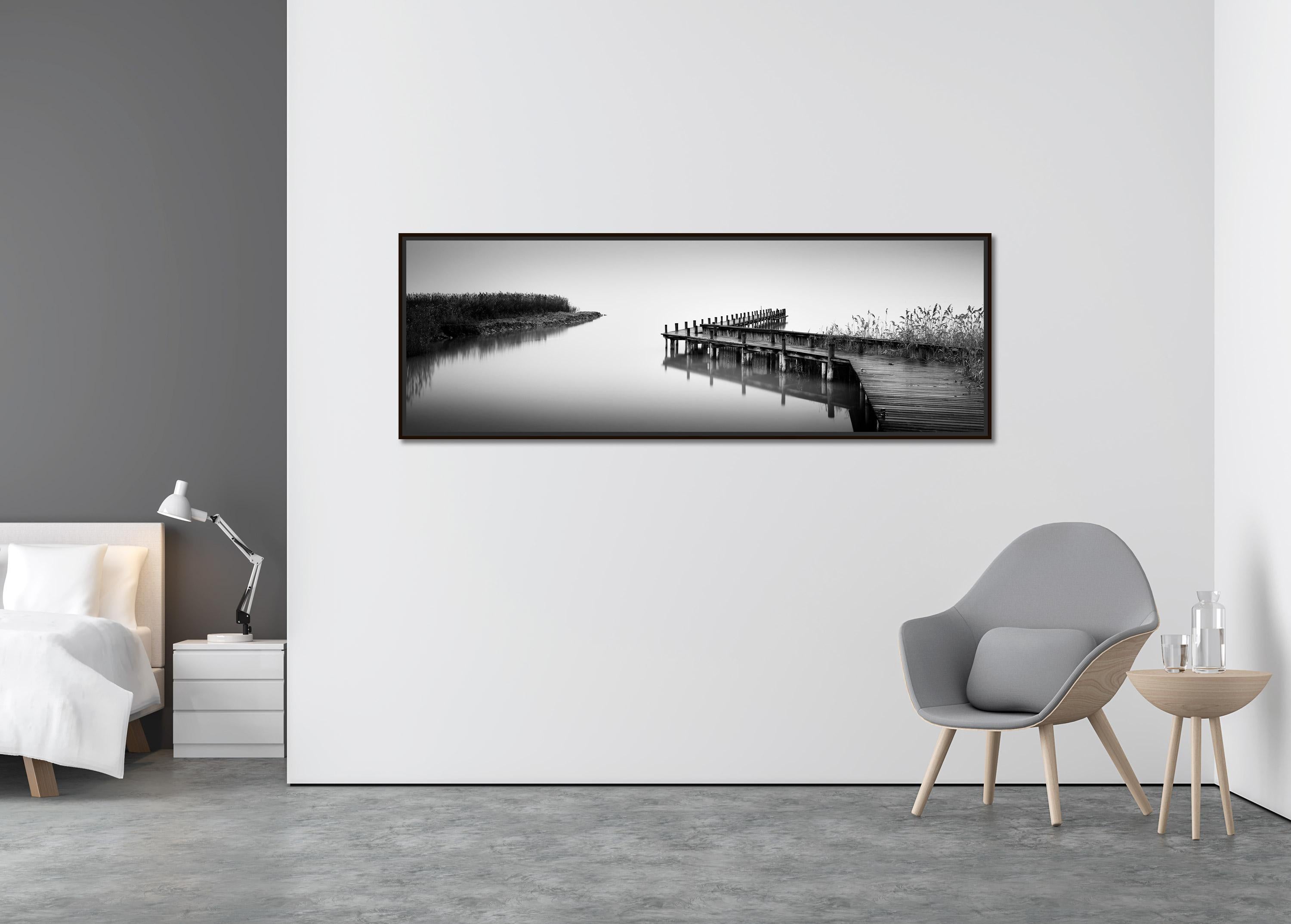 Jetty on calm Lake Panorama, black and white photography, waterscape fine art  - Contemporary Photograph by Gerald Berghammer