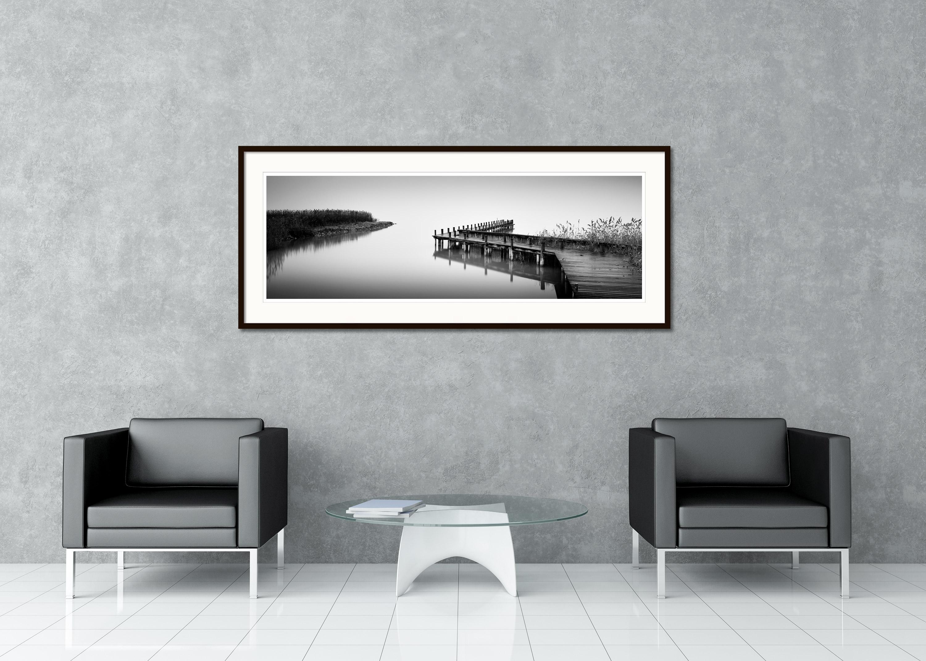 Jetty on calm Lake Panorama, black and white photography, waterscape fine art  For Sale 1
