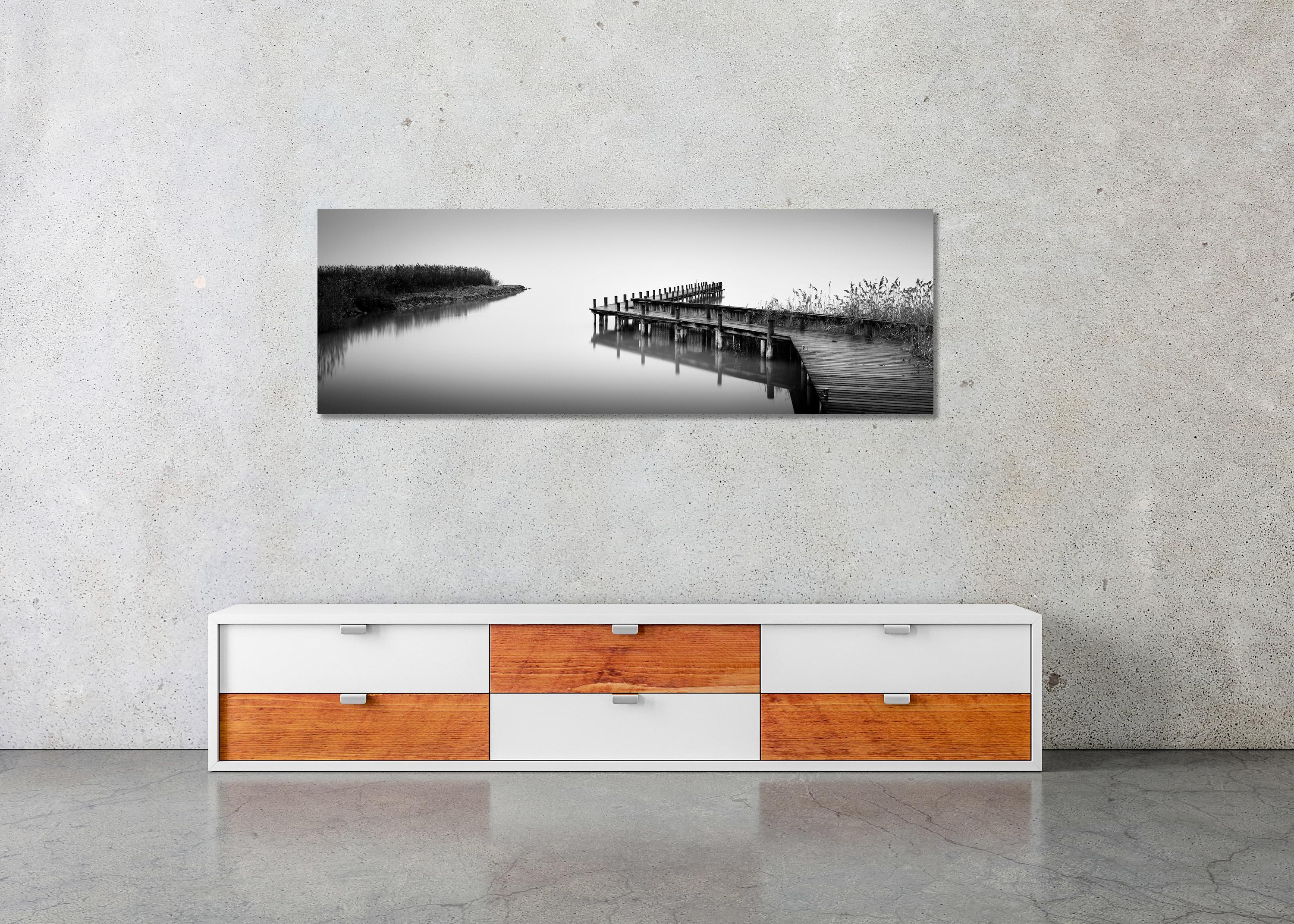Jetty on calm Lake Panorama, black and white photography, waterscape fine art  For Sale 3