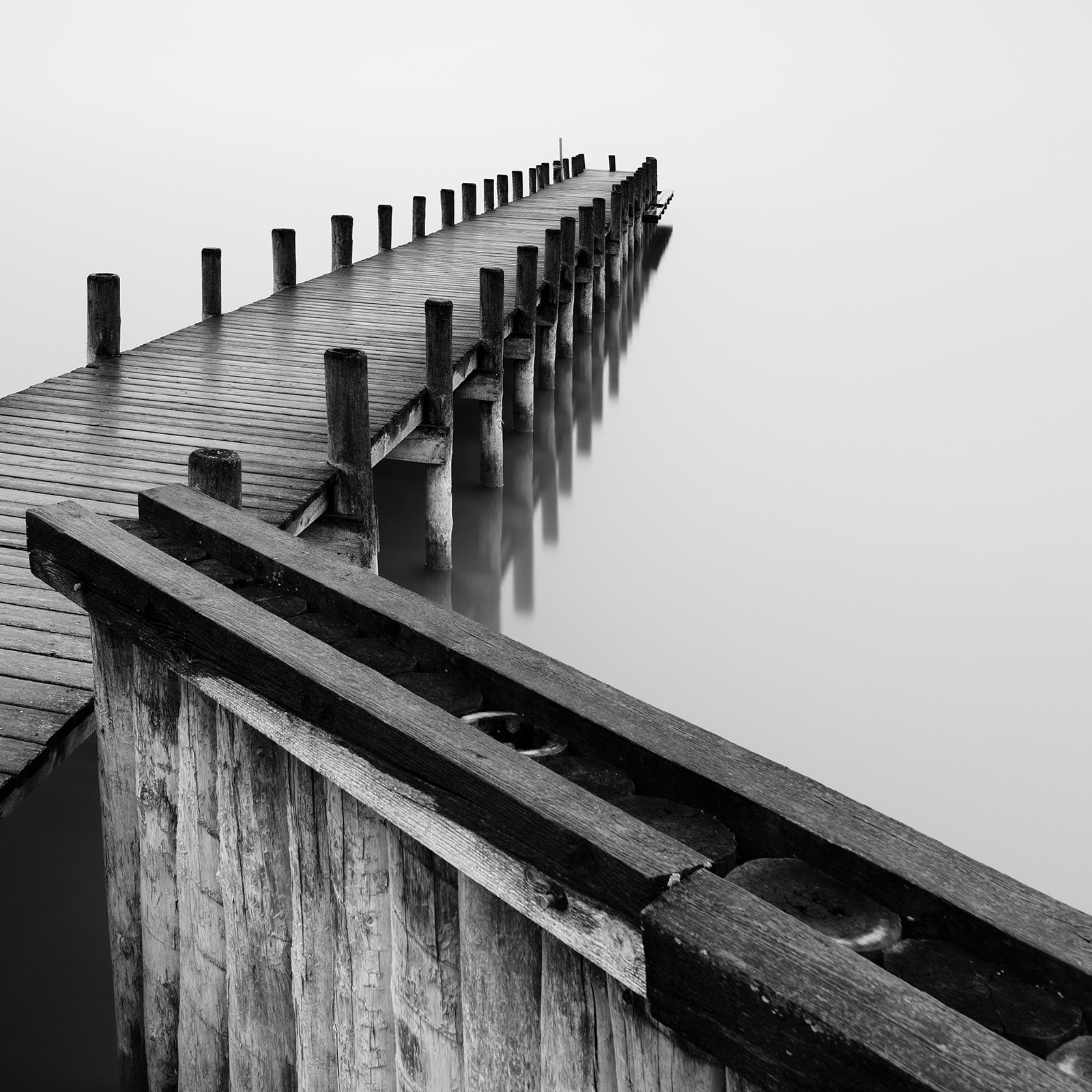Jetty on calm Lake, silent misty morning, black and white, fine art waterscape For Sale 6