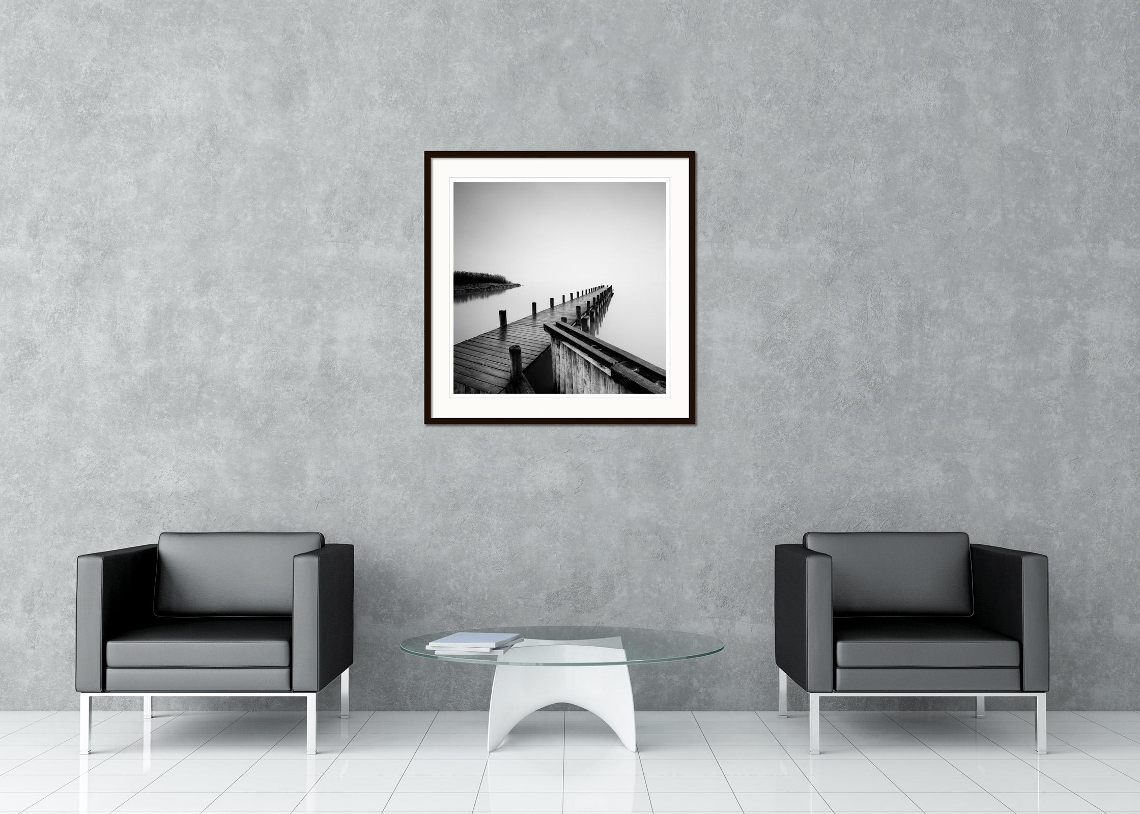 Jetty on calm Lake, silent misty morning, black and white, fine art waterscape For Sale 1